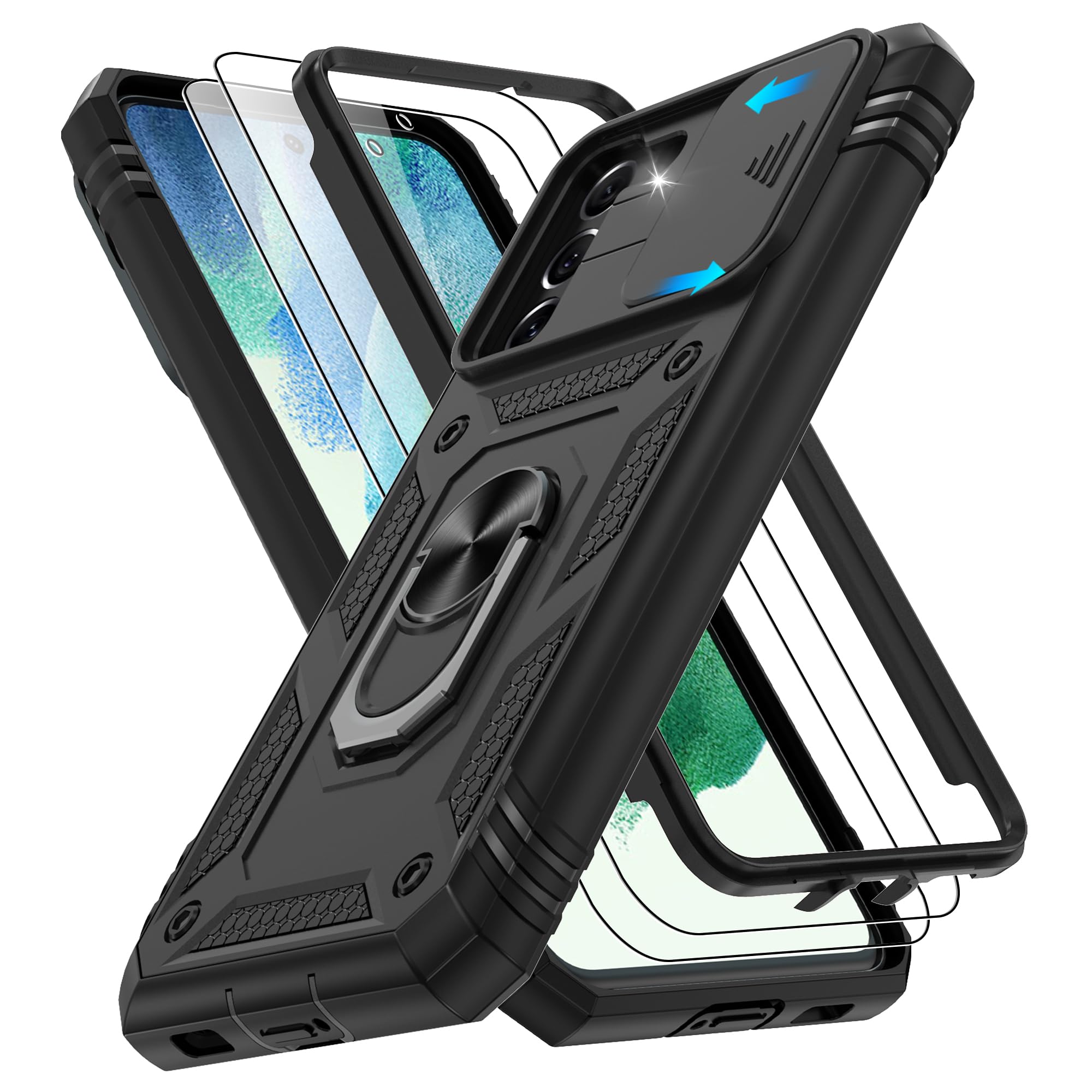 Photo 1 of Gritup for Samsung Galaxy S21 FE 5G Case with 2PCS Screen Protector, Build in 360° Rotating Ring Kickstand, Military Grade Protective Case for S21 FE Phone, Black