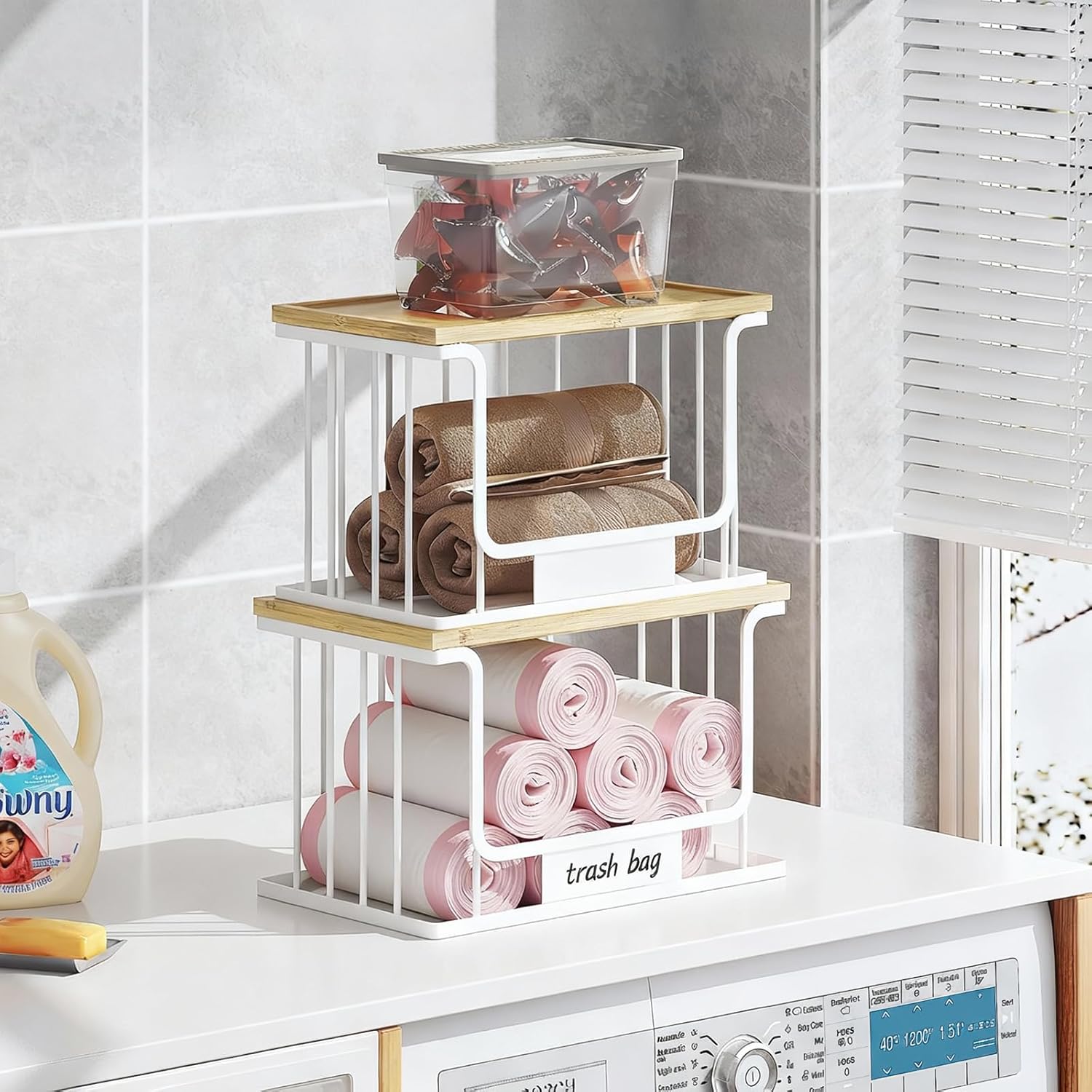 1 Pack Trash Bag Holder, Stackable Garbage Bag Dispenser Under Sink with Bamboo Top & Metal Base for Kitchen Countertop Organization and Storage, Laundry, Pantry Organizer (White, 9.7 × 5.5 × 6.3)