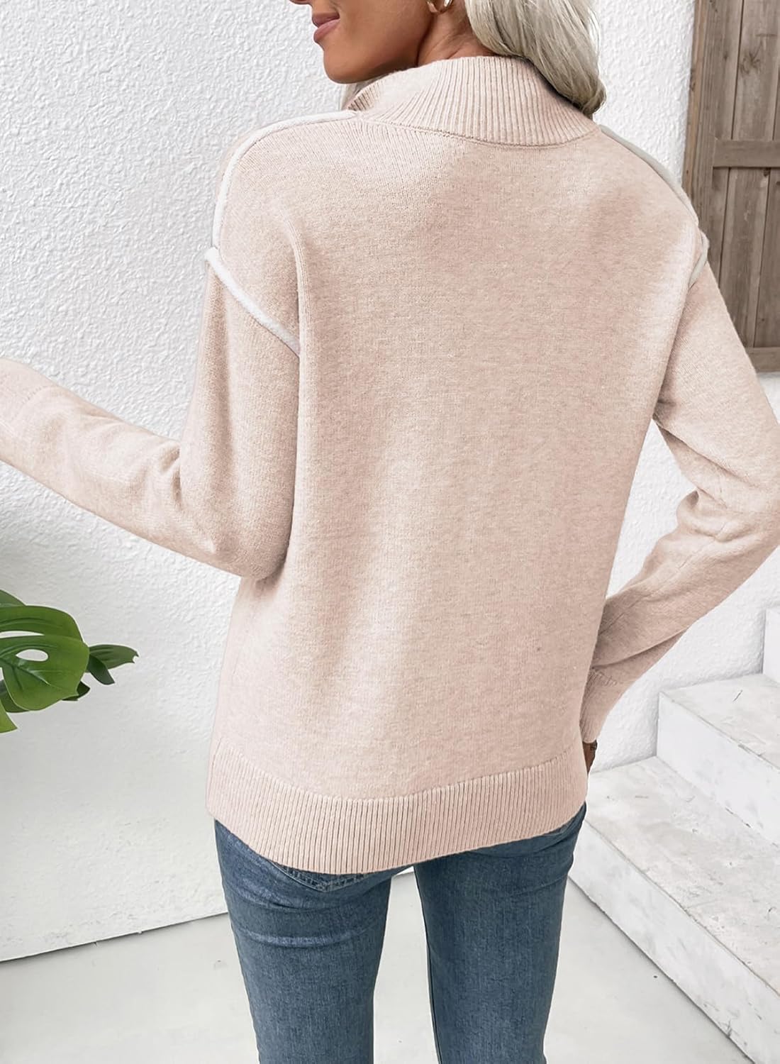 EVALESS Womens Sweaters V Neck Long Sleeve Quarter Zip Collared Ribbed Knit Dressy Casual Pullover Sweaters Outfits - Image 2