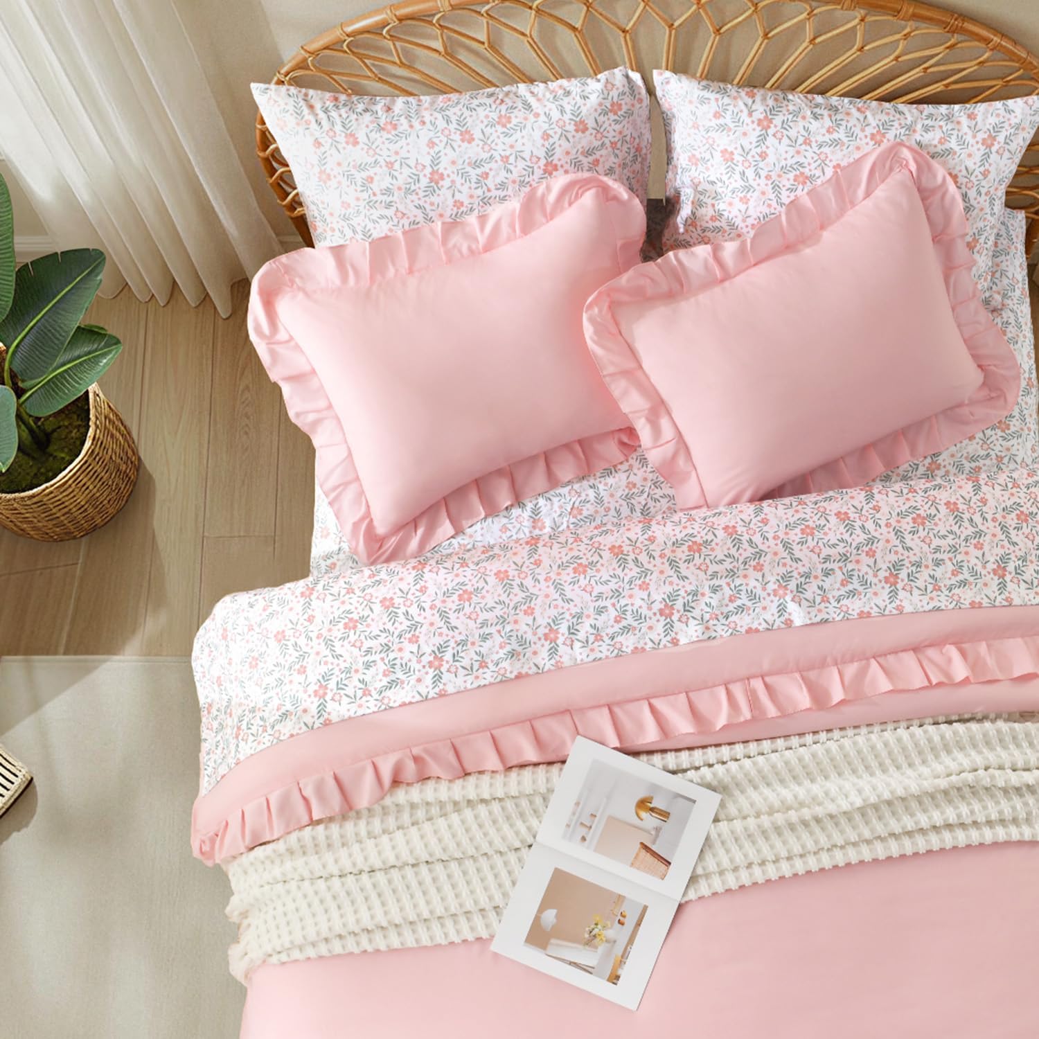 Litanika Queen Size Comforter Sets - 7 Pieces Ruffle Pink Bed in a Bag, Soft Farmhouse Bedding Sets with Ruffled Comforter, Floral Sheets, Pillowcases & Shams