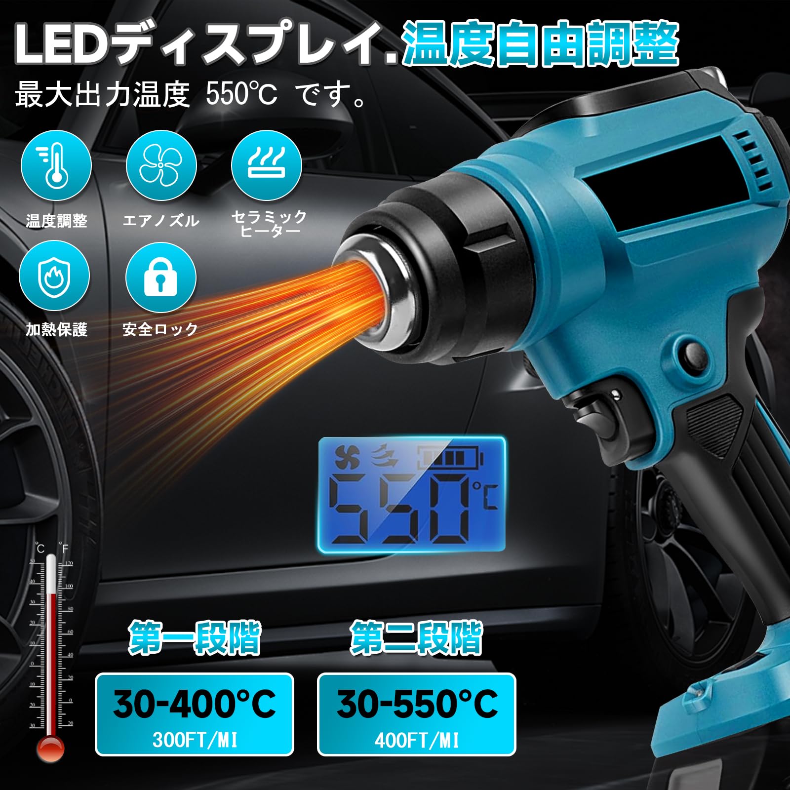 Amazon | ヒートガン LCD液晶 無段階温度調整 30～550℃ 2段階風量 熱