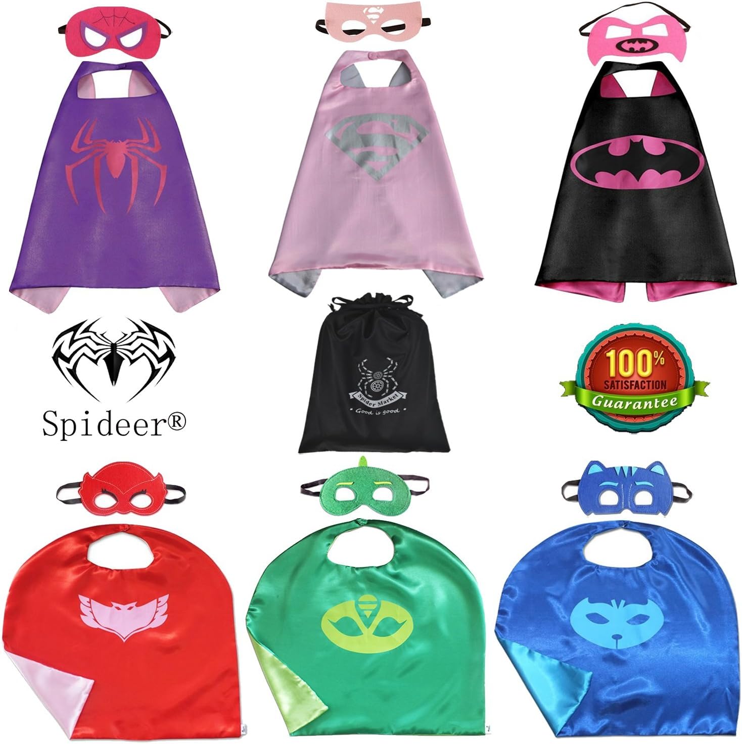 SpiderMarket PJ Masks & Supergirl Cape and Mask Set of 6 Cosplay Kids Costume Party