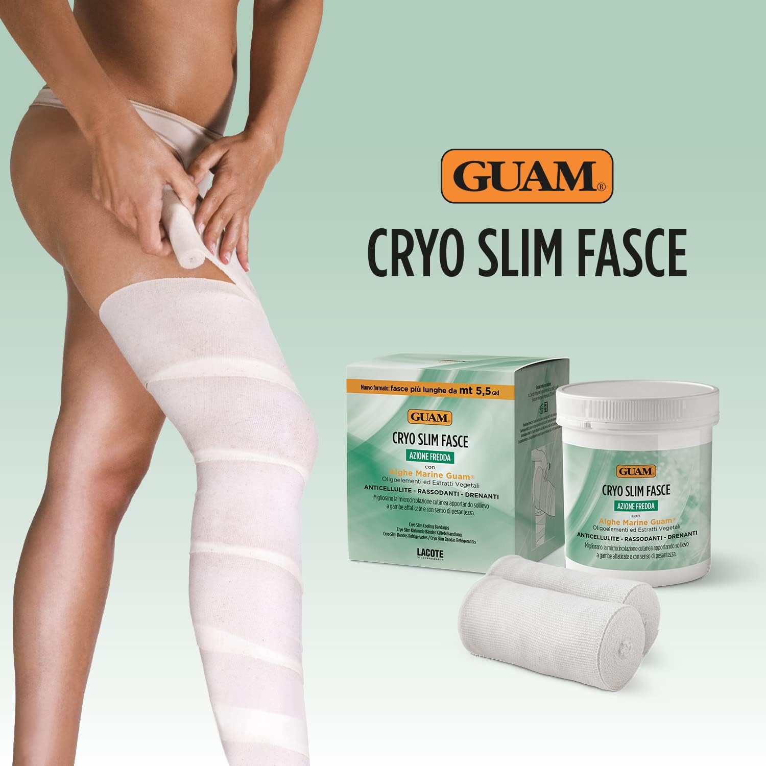 Guam, охлаждающие ленты Cryo Slim с морскими водорослями Guam против целлюлита, укрепляющие, лимфодренажные, 2 готовые к использованию ленты многоразового применения, 5,5 м × 10 см, произведено в Италии
