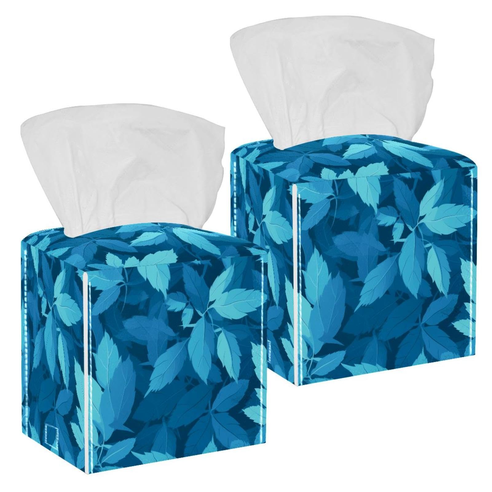 Artistic Leaves Tissue Box Cover, 2 Pack PU Leather Square Facial Tissue Dispenser Box holder for Home Office Car
