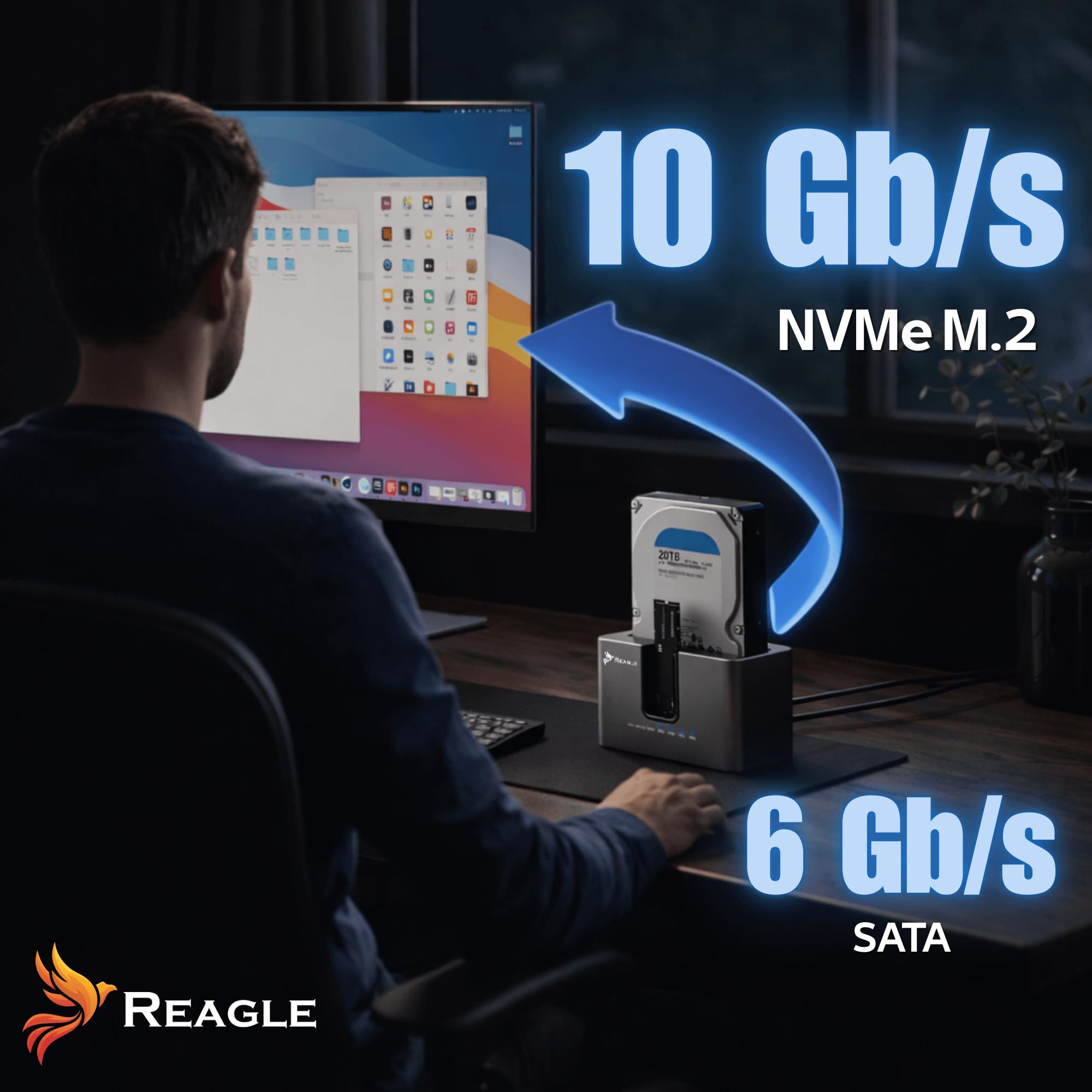 Reagle Stacja Dokująca Dysku SSD HDD SATA 2.5 3.5 NVMe M.2 USB C, USB 3.2 Gen2 10 Gb/s, 28TB, Adapter Klonowanie Offline Dual Szybki Transfer Kompatybilna z PC Laptop Mac Linux