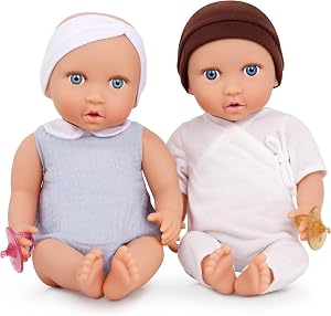 LullaBaby Realistic Baby Twin Dolls, 14-Inch Soft-Body Doll Set, Baby Doll | 2 baby dolls with blue eyes, removable outfits, 2 pacifiers, hat and headband for nurturing pretend play, LullaBaby, 2+ Years
