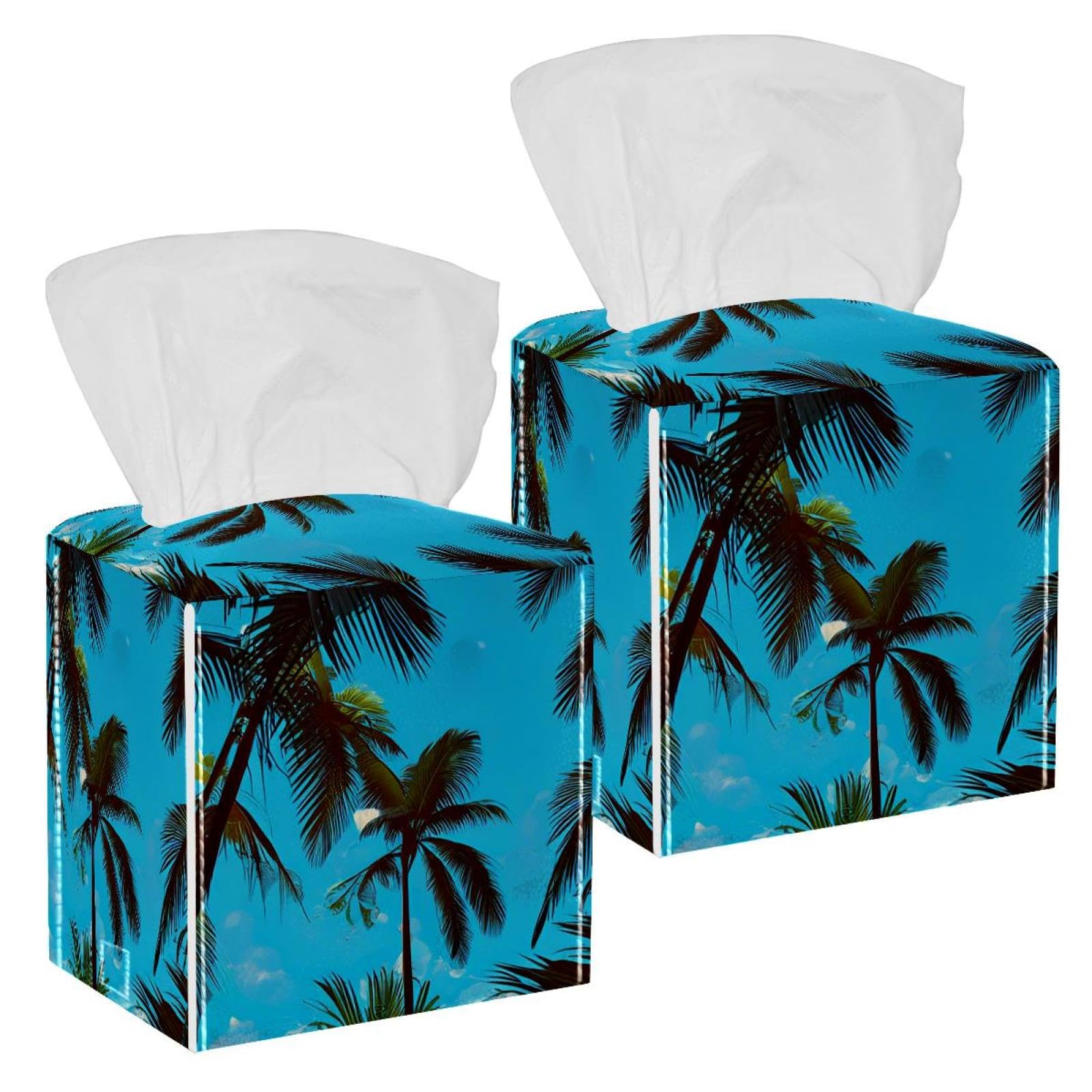 Coconut Tree Silhouette Tissue Box Cover, 2 Pack PU Leather Square Facial Tissue Dispenser Box holder for Home Office Car