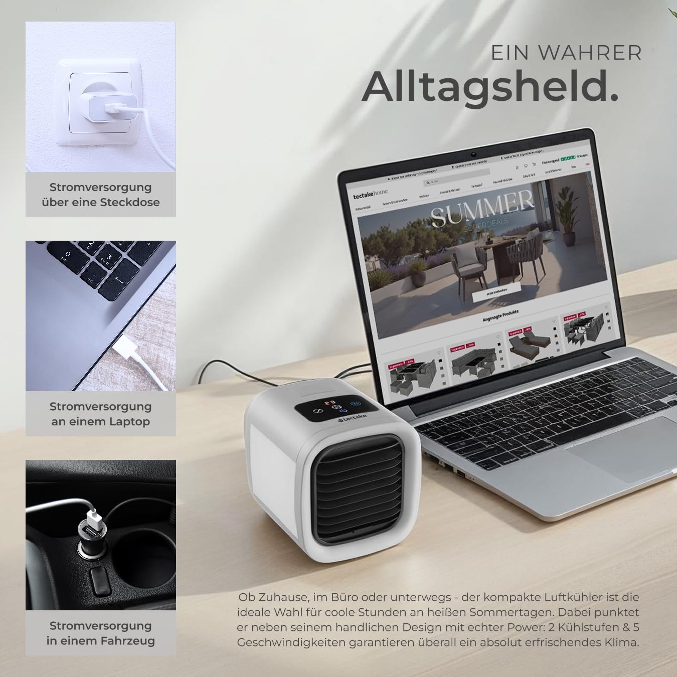 tectake® Luftkühler mit LED, mobile Klimaanlage ohne Abluftschlauch, Ventilator mit Wasserkühlung, Klimagerät, Air Conditioner, Tischventilator und Luftbefeuchter in einem, Mini Klimaanlage - grau