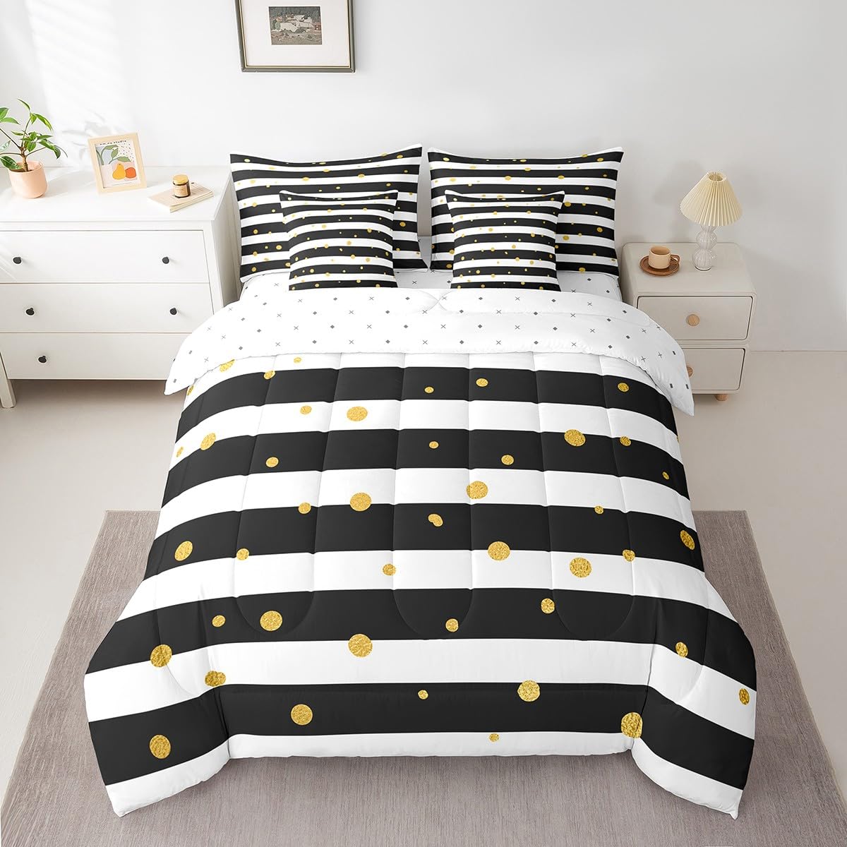 Feelyou Twin Comforter Set 7 Pcs Black and White Stripe Bed in a Bag for Girls Boys Gloden Polka Dots Comforter Gold Bedding Set Simple Classic Bed