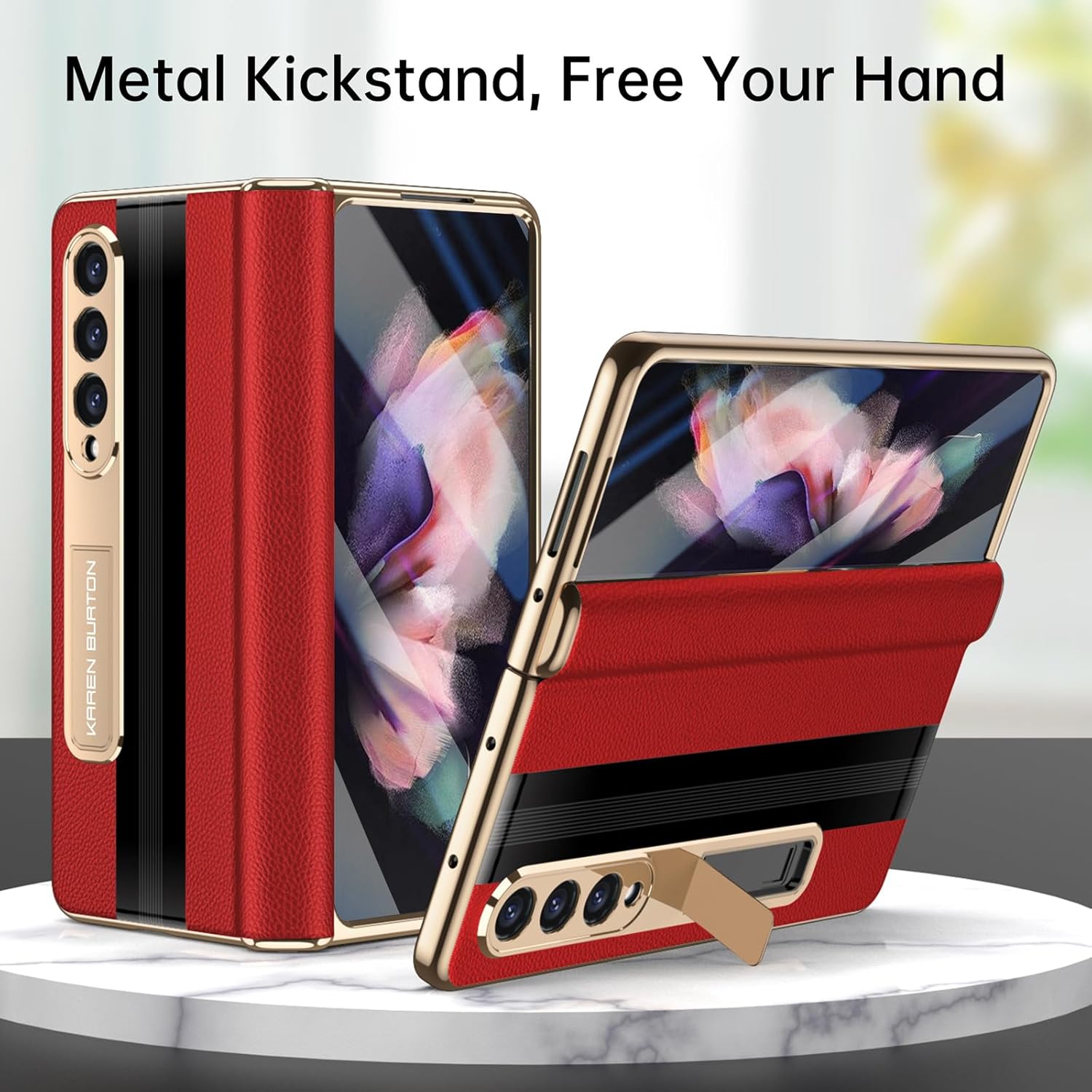 for Samsung Galaxy Z Fold 3 Phone Case,Luxury Genuine Leather,Full Body Hinge Protection,Built-in Screen Protector,Kickstand Drop Proof Protective Cover for Galaxy Z Fold3 (Red)