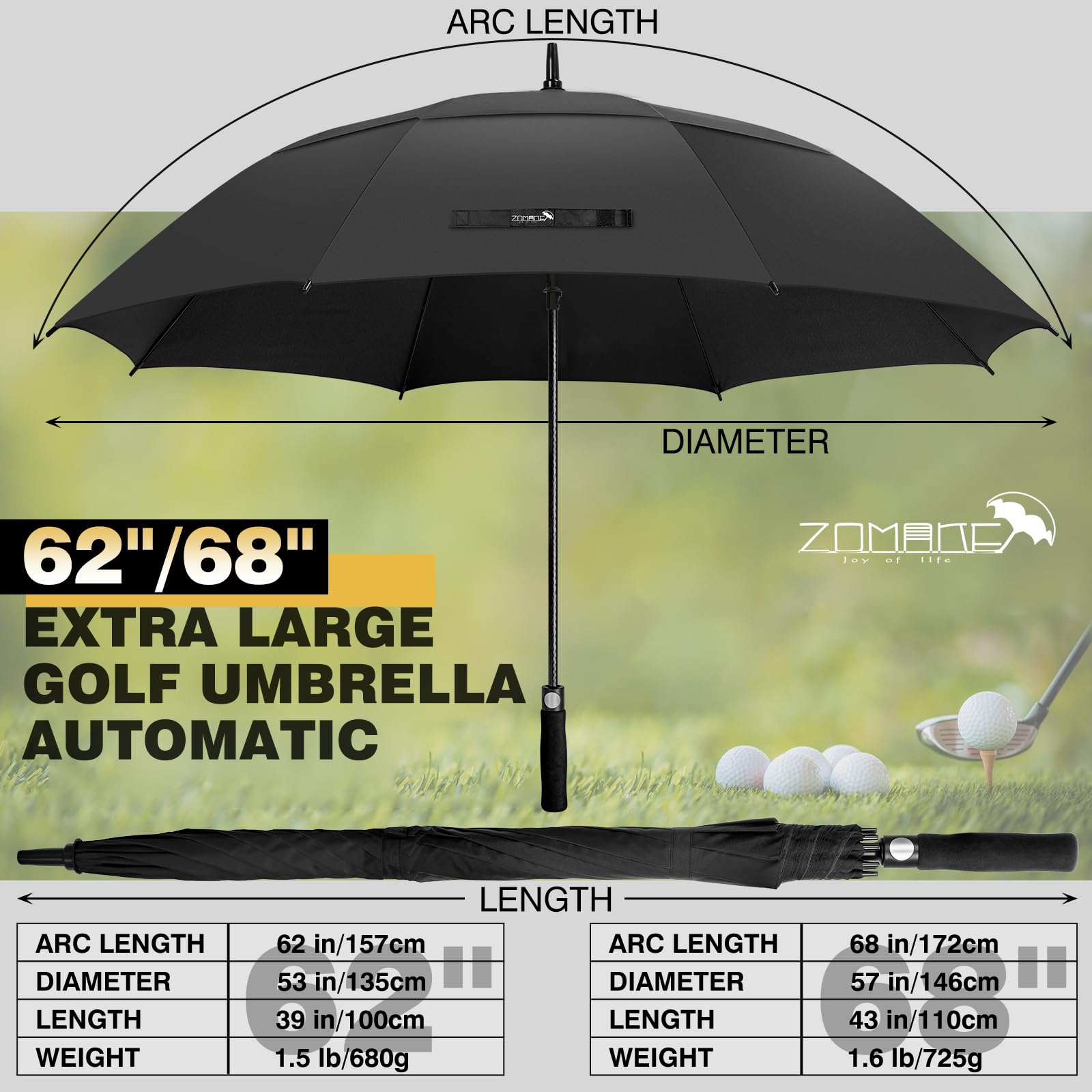 ZOMAKE Ombrello da golf antivento e antipioggia 172,7 cm, grande ombrello antivento forte, infrangibile, grande ombrello da golf, doppio baldacchino, per uomini e donne