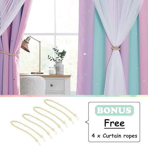 Miniatura 4 de NICETOWN Cortinas de guardería para niñas, cortinas de oscurecimiento de habitación con arco iris para dormitorio, cortinas de ventana con estrellas