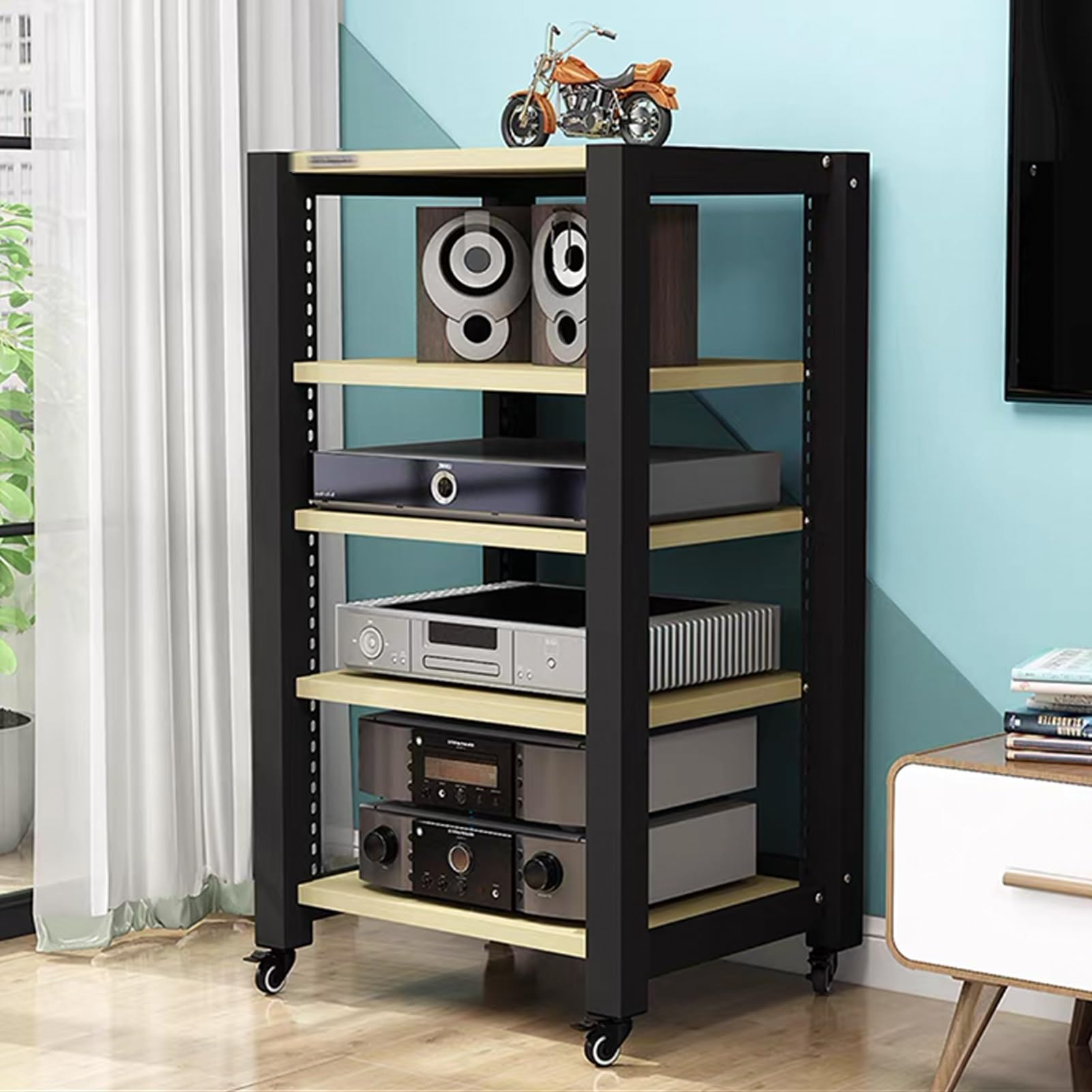 Supporto multimediale AV multipiano, armadio per componenti audio, supporto multimediale con ripiano regolabile in altezza e ruote, supporto multimediale video aperto multifunzionale per home office