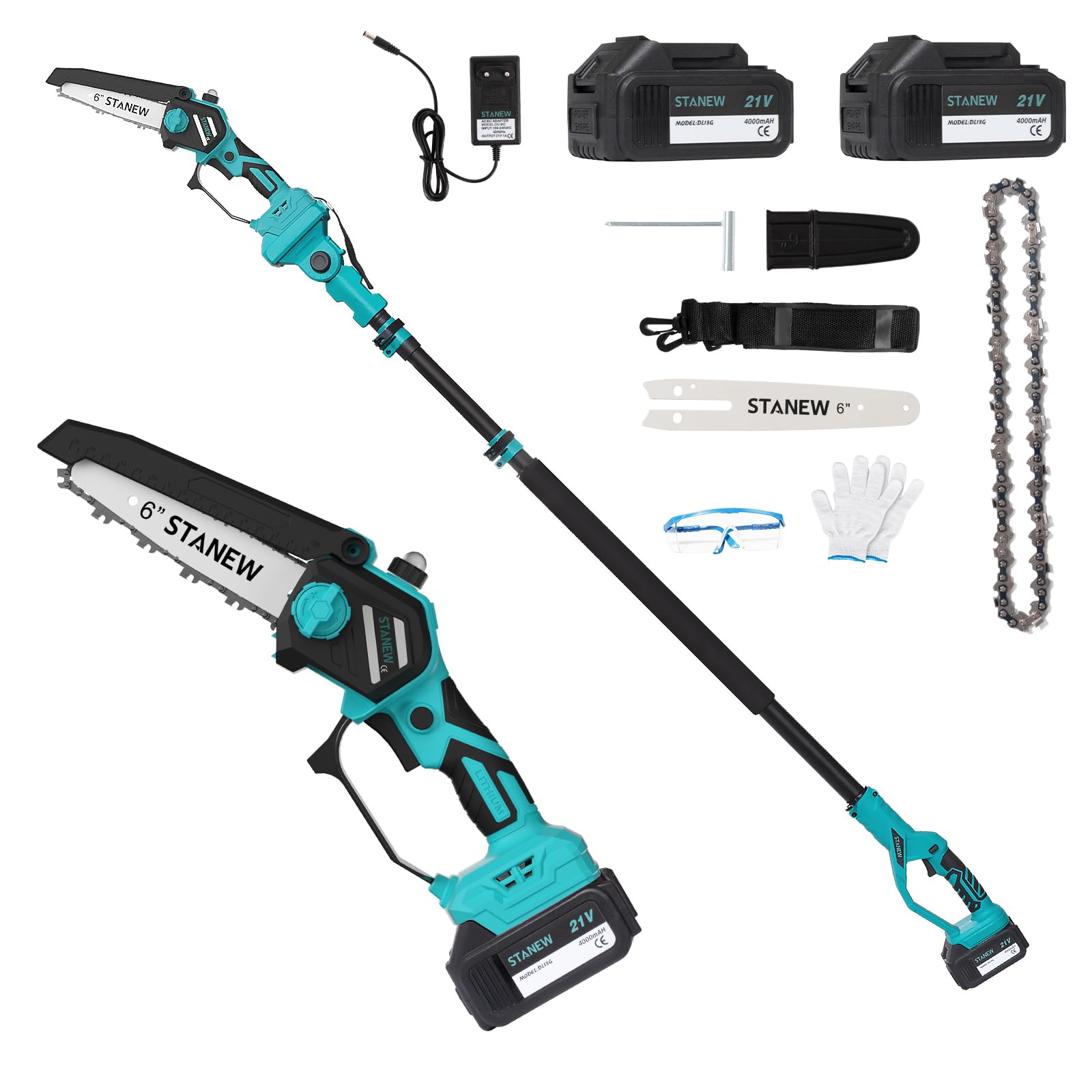 STANEW 2-en-1 Élagueuse sur perche, mini tronçonneuse à batterie sans balais 6 pouces, tronçonneuse avec 2 batteries 4000mAh, 600W, hauteur de travail max 4,55 m, écran LCD