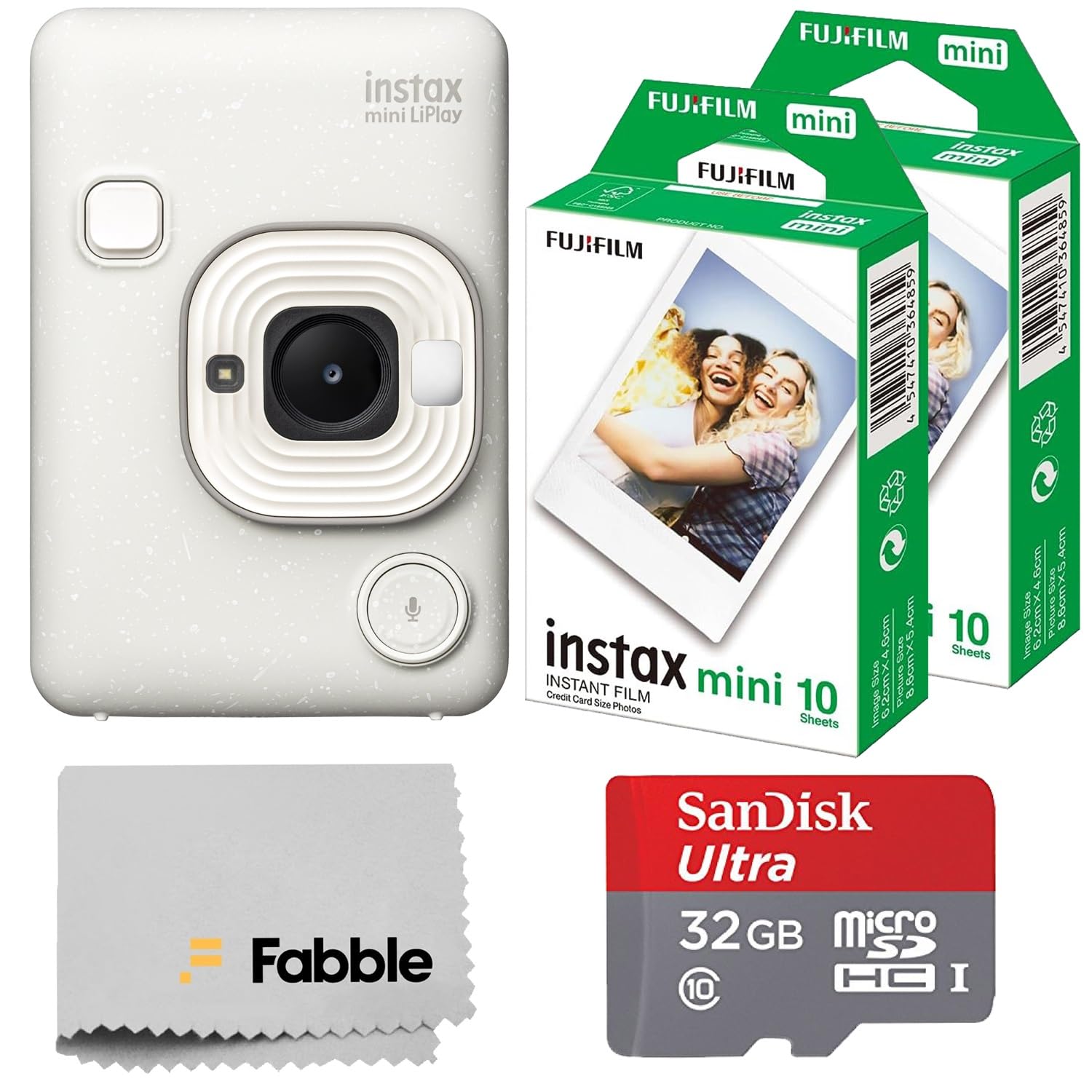 Fujifilm INSTAX Mini LiPlay Hybrid Instant Camera Bundle with 20 Sheets INSTAX Mini Film, 32GB microSD Card, USB Charging Cable, Hand Strap, Cleaning