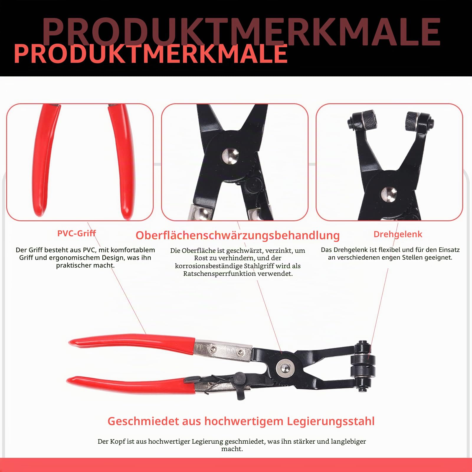 Glarks 9-teiliges Schlauchschellenzangen-Set, rot, flexibel, lange Reichweite, Schlauchklemmenzange, Zange zum Entfernen von Kraftstoff, Öl, Wasser, Schwarz