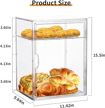 Attelite Pastry Display Case,4 Layers Adjustable Clear Bread Box for Kitchen Countertop,Bread Storage with Magnetic Door Bakery Pastry Display15.5x11.4x9.8inch