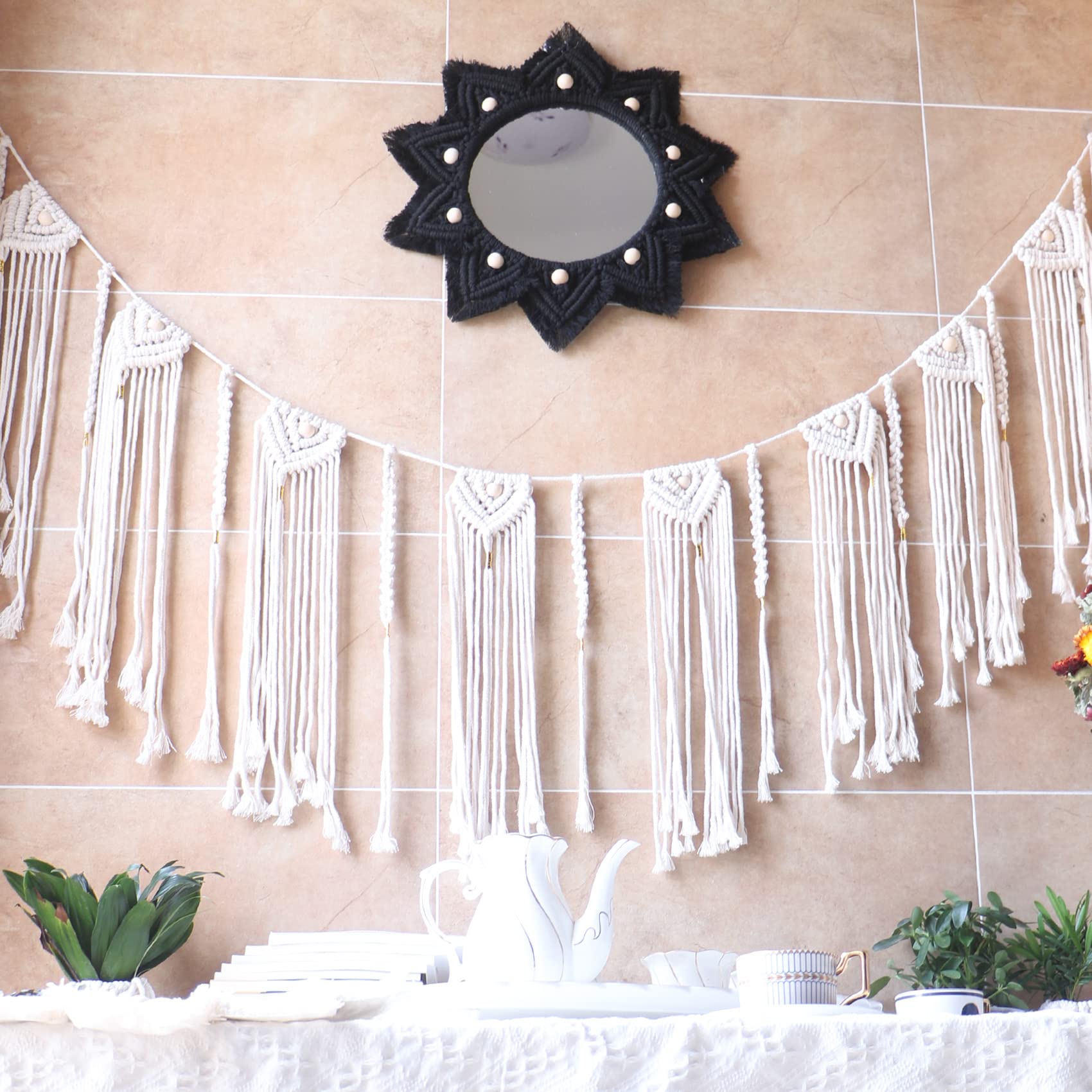 TENEWEE Boho Wall Hanging Mirror Macrame Bohemian Round Mirror for Bedroom Living Room Apratment