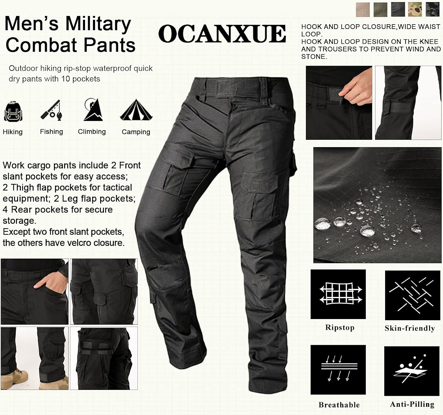 Men's Tactical Pants Camo Cargo Pants Ripstop Work Hiking Pants with 10 Pockets No Belt - Image 4