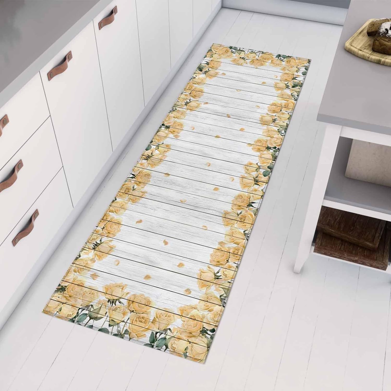 Teamery Kitchen Mats for Floor Farmhouse Yellow Rose Flower Washable Non Slip Kitchen Rugs 1PCS, Country Floral Wood Board Absorbent Standing Mats for Sink Bathroom Office Living Room 23.6x70.9in
