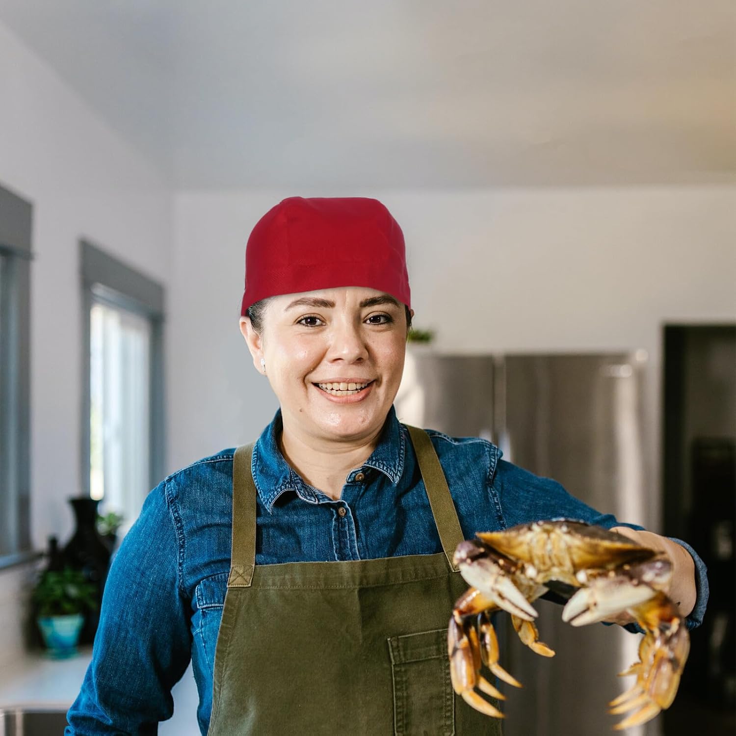 Cooking Hat Chef Cap for Kitchen Cotton Chef Hat with Tie Back Deep Red Unisex Comfortable Working Uniform