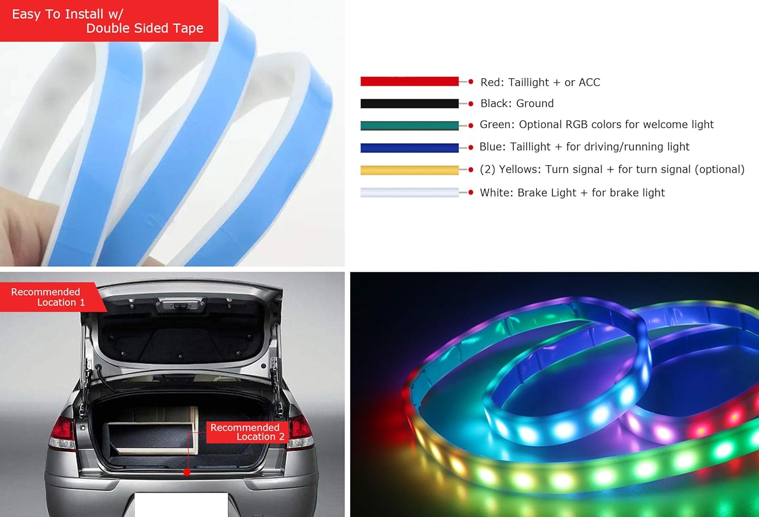 iJDMTOY 48-Inch Multi-Color Trunk Lid Gap LED Strip for Car SUV Tailgate Decoration, Function As Running Light, F1 Strobe Brake Light, etc