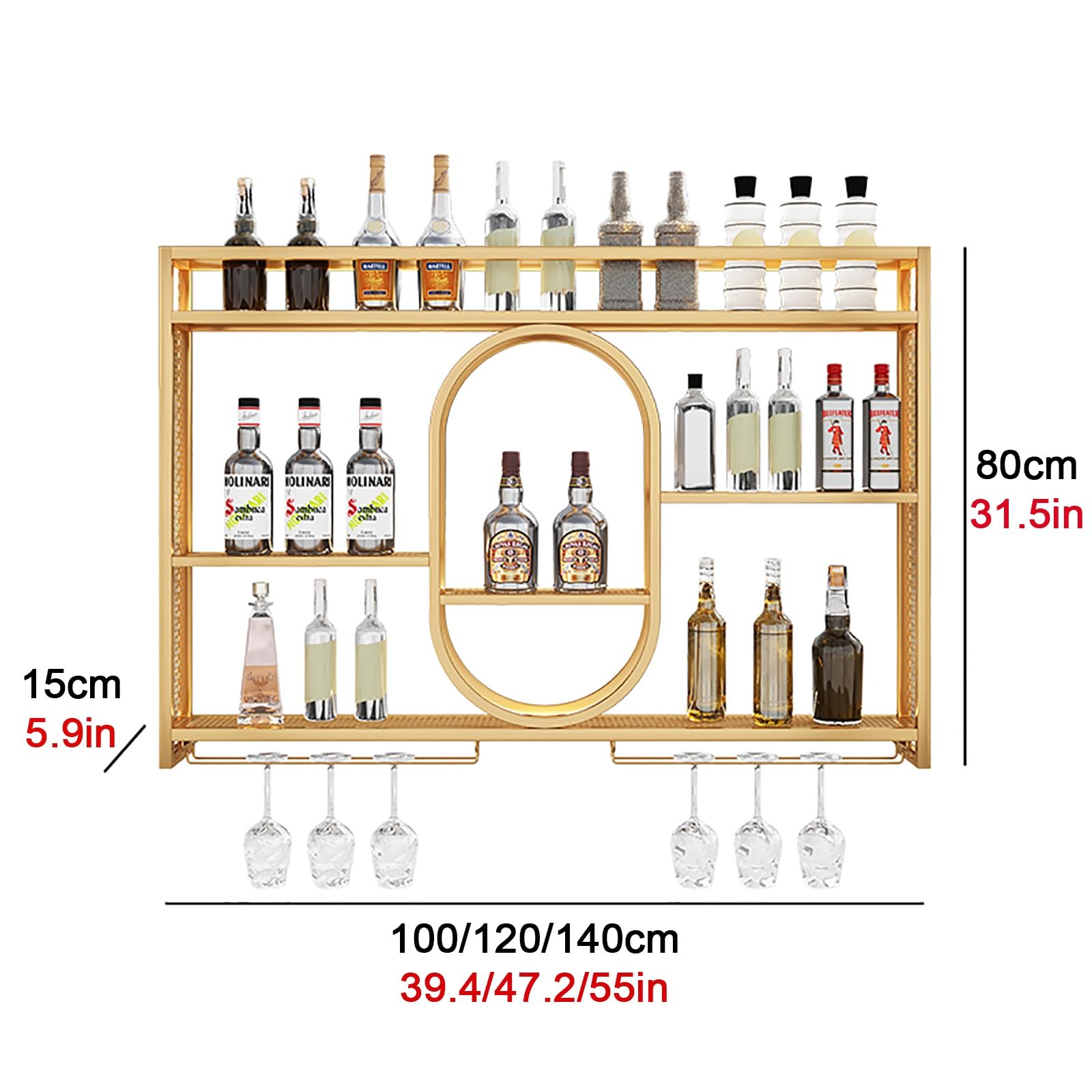 ISCBAFYX Pływający metalowy stojak na wino z oświetleniem LED Półki do montażu na ścianie na szklanki i butelki z alkoholem Półka o dużej pojemności lub dekoracja kuchenna Czarny/złoty