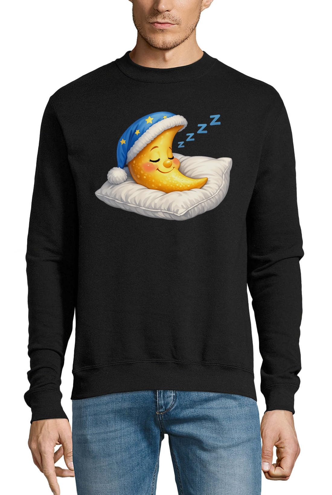 Maglione in cotone con luna crescente sorridente che dorme pacificamente nero