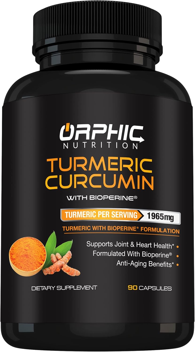 ORPHIC NUTRITION Turmeric Curcumin with Bioperine (Black Pepper Extract) for High Absorption* - Supports Joint Health* - Most Powerful on The Market* - 1965MG of Turmeric - 90 Capsules