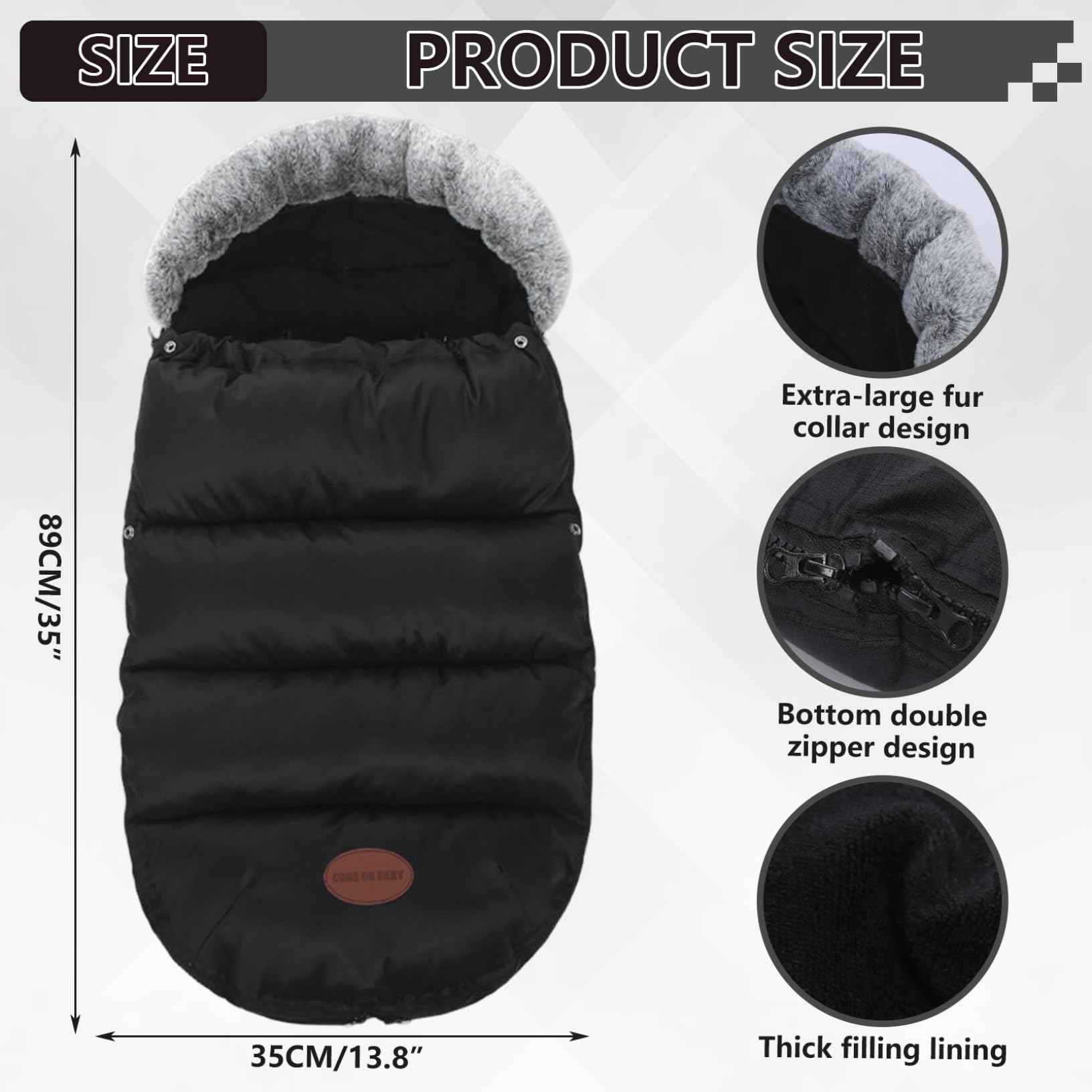 Coprigambe per passeggino Foderato in pile addensato Caldo copripasseggino per l'inverno con collo in pelliccia e cerniera Sacco da stamina impermeabile 35x14 pollici Coperta, copertura invernale, sa