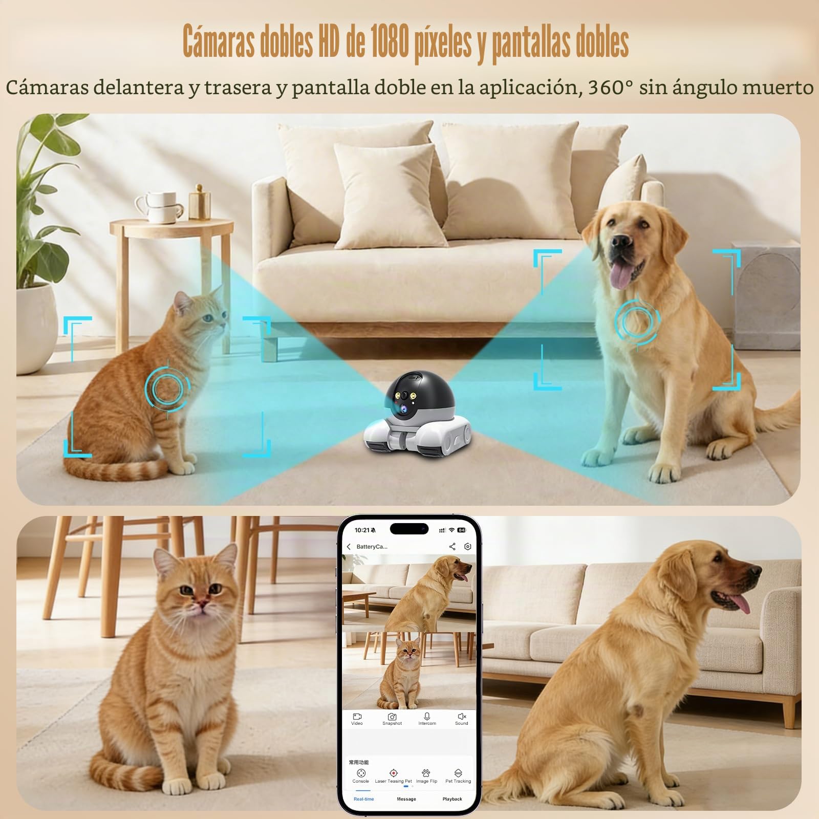 Robot Camera, 1080P Duales Cámara Robot para Mascotas con Audio 2 vías, Visión Nocturna, Reconocimiento de Movimiento, Grabación de vídeo, Control de Aplicaciones para Gatos, Perros, Bebé