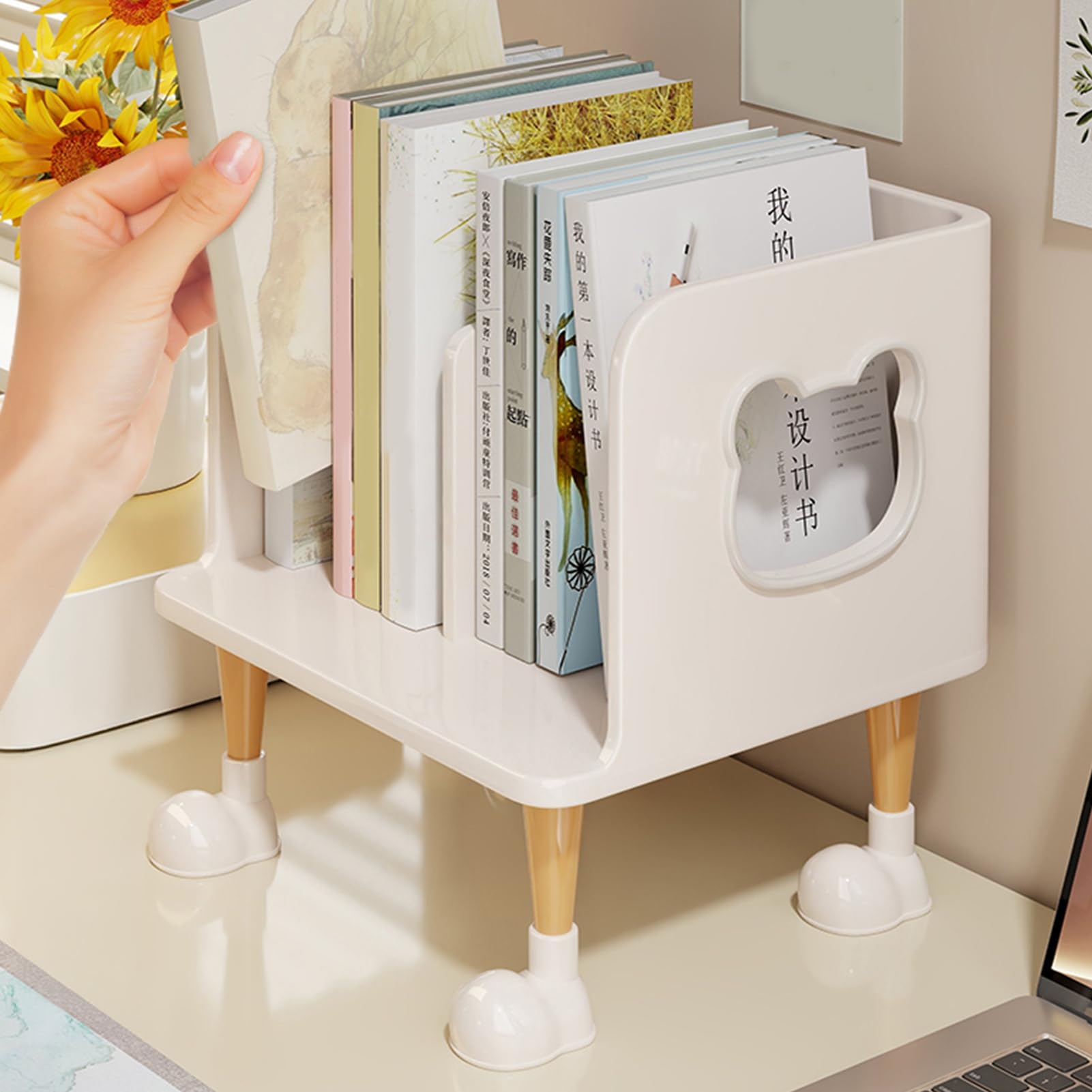 Simpatico fermalibri per scrivania – Mensola porta libri per bambini pastello con multi-scomparto, base anti-ribaltamento e design aperto, decorazione per libri di testo, quaderni e penne