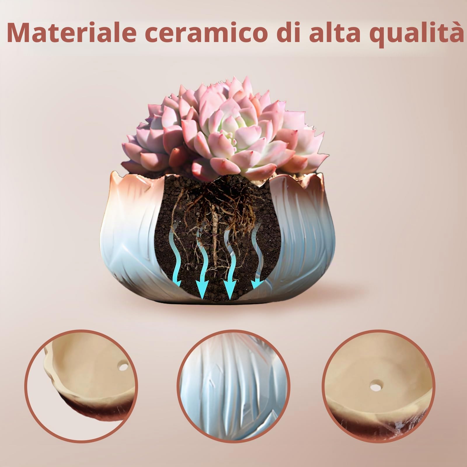 Vasi per Piante Grasse, Vaso per Cactus e Succulente, Set di Vasi Decorativi con Foro di Drenaggio, per Piante da Giardino da Interno/Esterno, Piantine e Semi (Confezione da 4)
