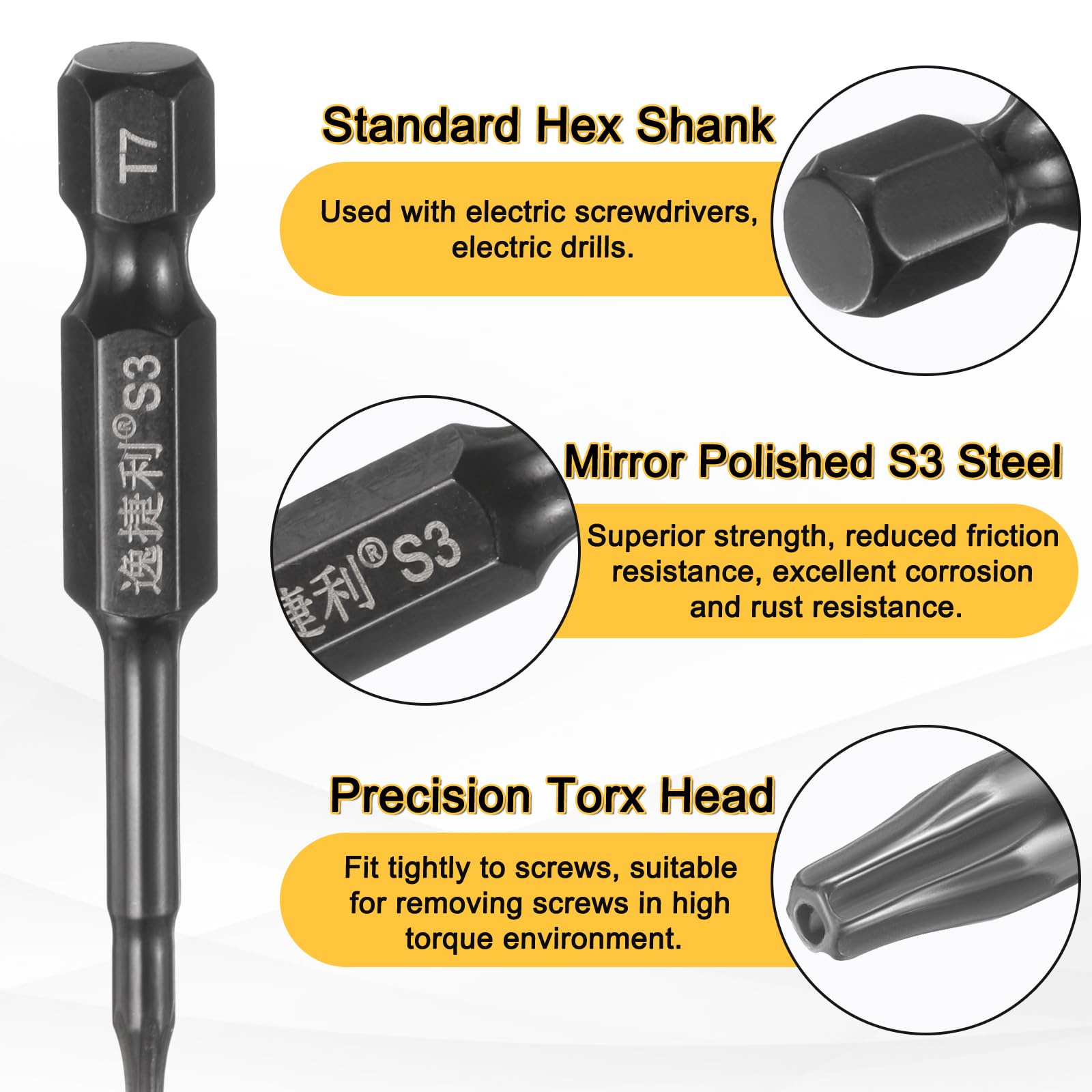 QUARKZMAN 5Pz T7 Inserti per Avvitatore Torx Sicurezza 1/4" Gambo Esagonale 2" (50mm) Magnetica Antimanomissione Chiavi Set Cacciaviti a Stella 6 Punte per Trapano Acciaio S3 con Foro