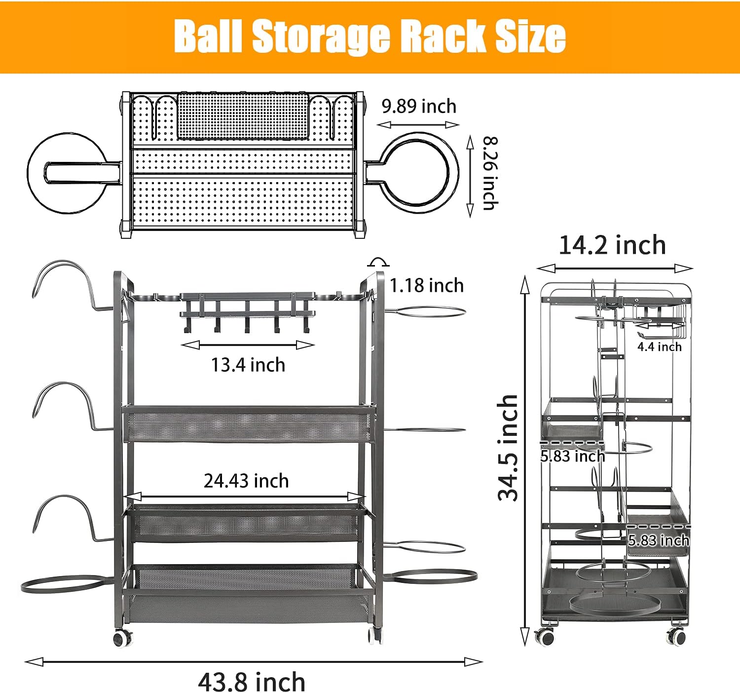 Jubao Garage Ball Storage Rack Rolling Sports Rack Organizer with Casters Wheels, Sports Gear Storage with Baskets and Hooks, Outdoor Sports Equipment Organizer with Cap Holder, Gift for Kids, Gray