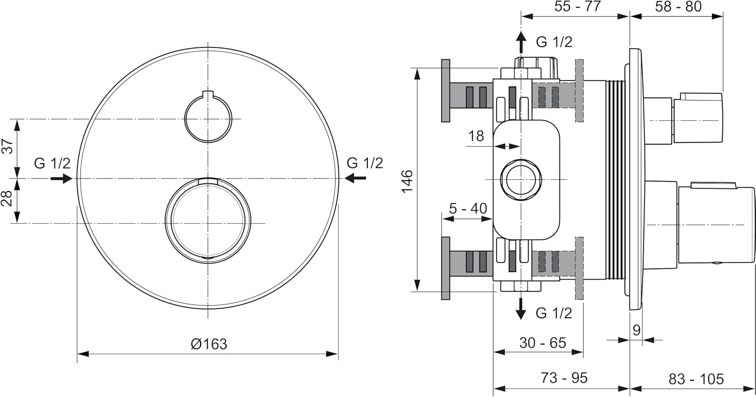 Technical drawing with dimensions for Ideal Standard Ceratherm T100 mixer