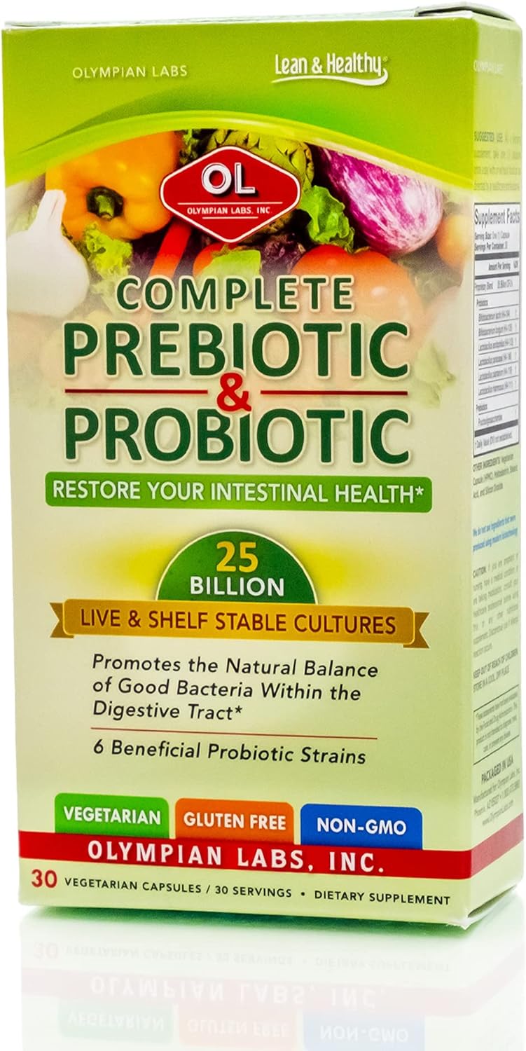 Olympian Labs Complete Prebiotic and Probiotic Supplement – 25 Billion Live Shelf Stable Cultures – 30 Vegetarian Capsules, Helps Restore The Natural Balance Within The Digestive Tract.