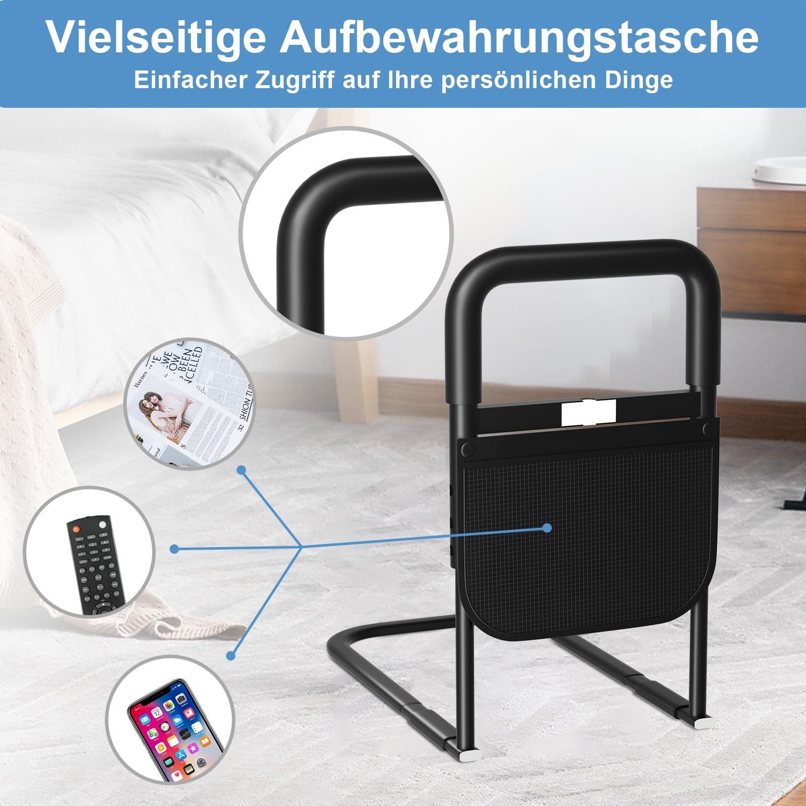 Aufstehhilfe Bett für Senioren, Höhenverstellbarer Haltegriff | Sensorlicht, rutschfester Griff, Aufbewahrungstasche und werkzeuglose Montage als Hilfe beim Aufstehen aus dem Bett