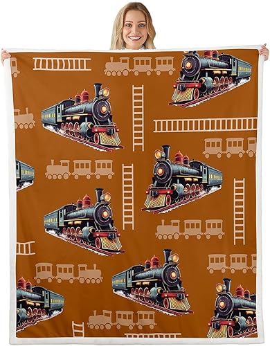 Kids Train Flannel Blanket,Cartoon Car Bedroom Living Room Soft Cozy Fleece for Living Room Bedroom,Boys Girls Choo-Choo Train Tracks Blankets Decor