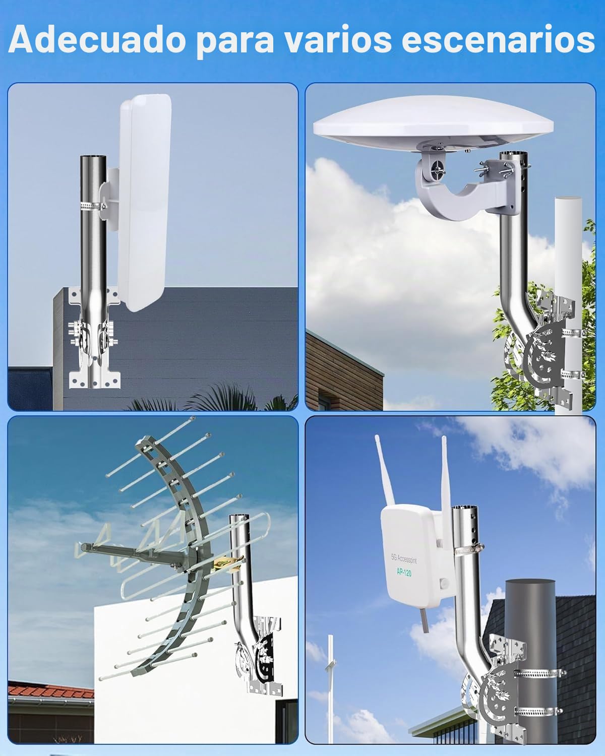 Soporte de Antena J-Pole 33 cm Acero 430, Base Pivotante 160 Grados, Bloqueo de 3 Tornillos, OD 3,5 cm, para Pared, Techo, Alero, Puente WiFi, AP, CPE y Estación Meteorológica