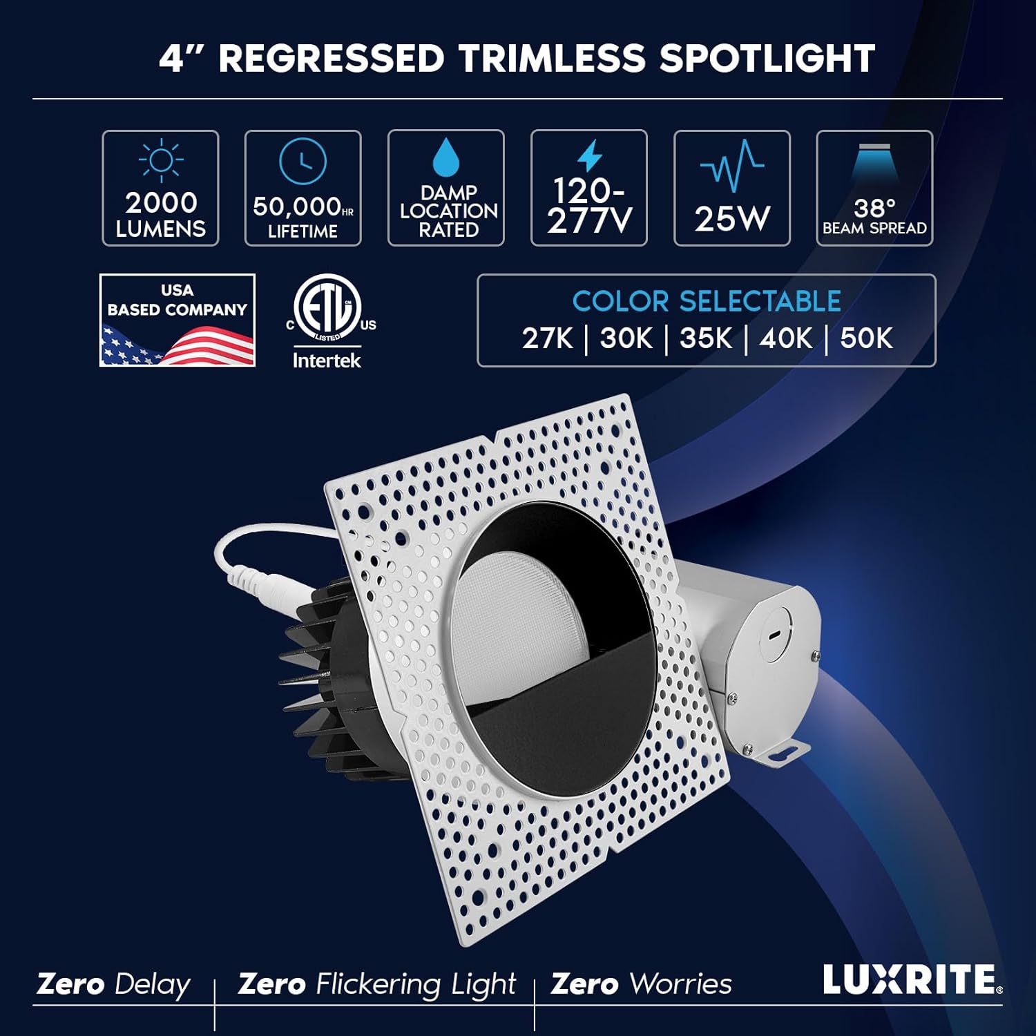 LUXRITE 4-Inch LED Trimless Recessed Spotlight with Black Wall Washer Trim Replacement 25W, 2000LM, 5CCT, 38° Beam Angle, Dimmable, Push-n-Lock, CRI90, Damp & IC Rated, ETL White + Black