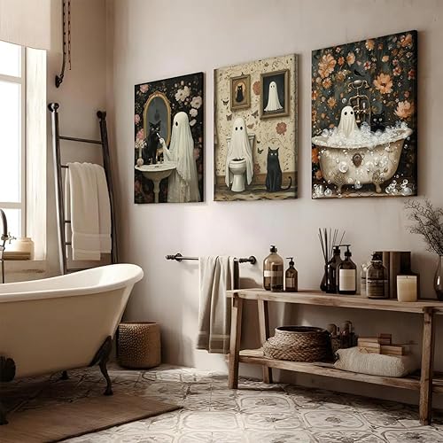 Miniatura 4 de Juego de 3 arte de pared de fantasmas de Halloween para baño, divertido gótico, decoración de pared de academia oscura, fantasma de terror y gato