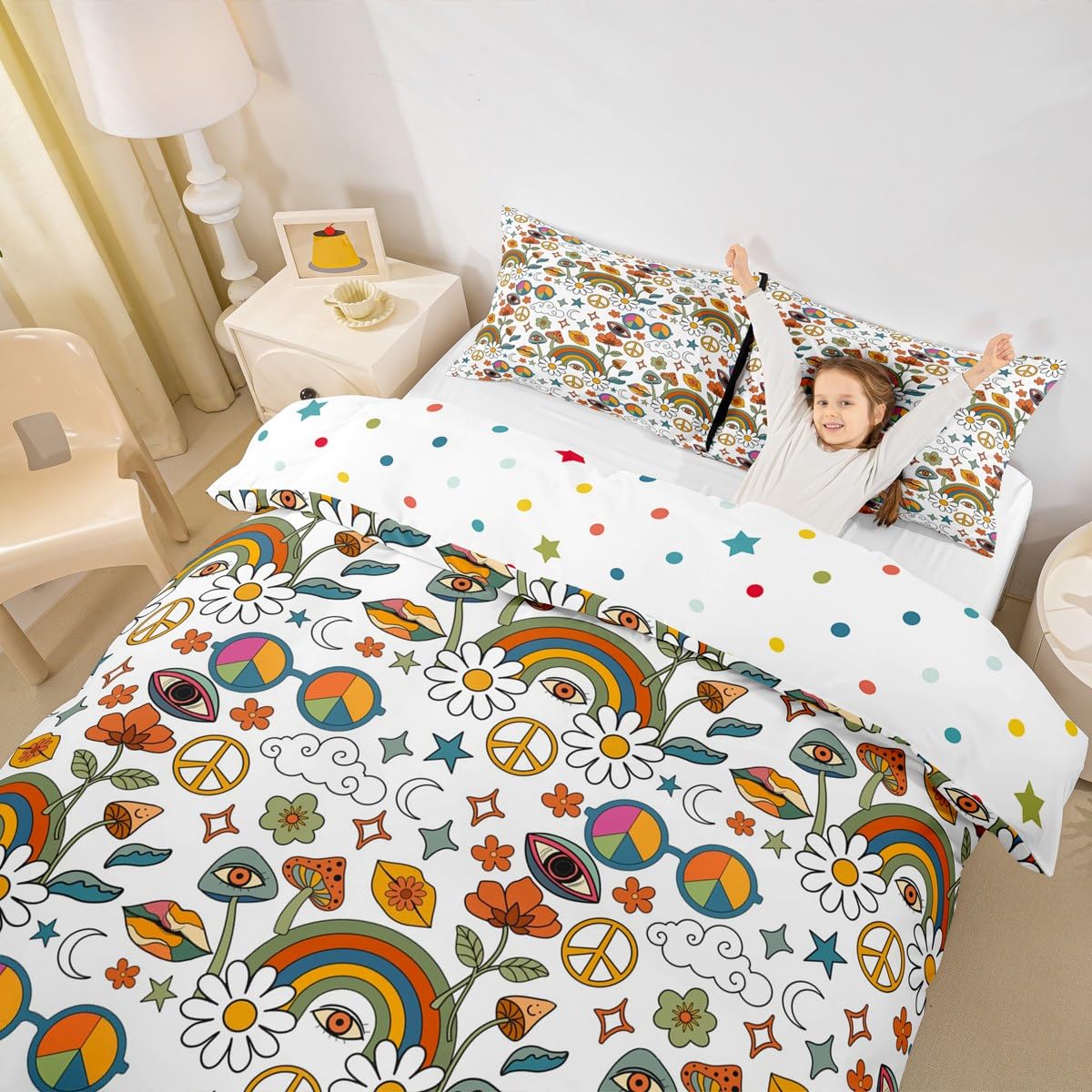 Castle Fairy Rainbow Duvet Cover Set Toddler Size,Retro Daisy Hippie Flower Bedding Set,Galaxy Stars Moon Quilt Cover for Kids,Comforter Cover(No Filler),2 Pcs
