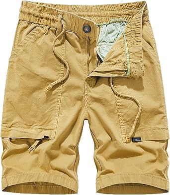 Mens Shorts 6 Inch Slim Fit Elastic Waist Linen Shorts Drawstring Multi Pockets Solid Work Cargo Tooling Shorts