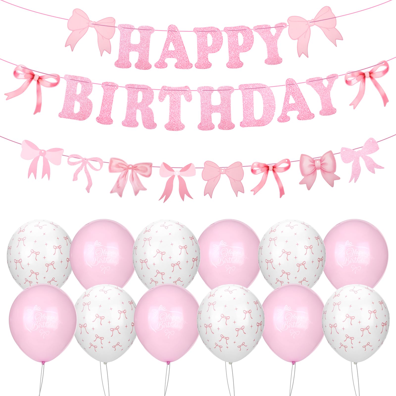 Happy Birthday Banner Pink Bows Set, Pink Birthday Decoration for Women & Girls, Party Bow Decorations, Perfect for Women's Celebrations, Ideal for Adding a Fun, Feminine Touch to Your Celebration