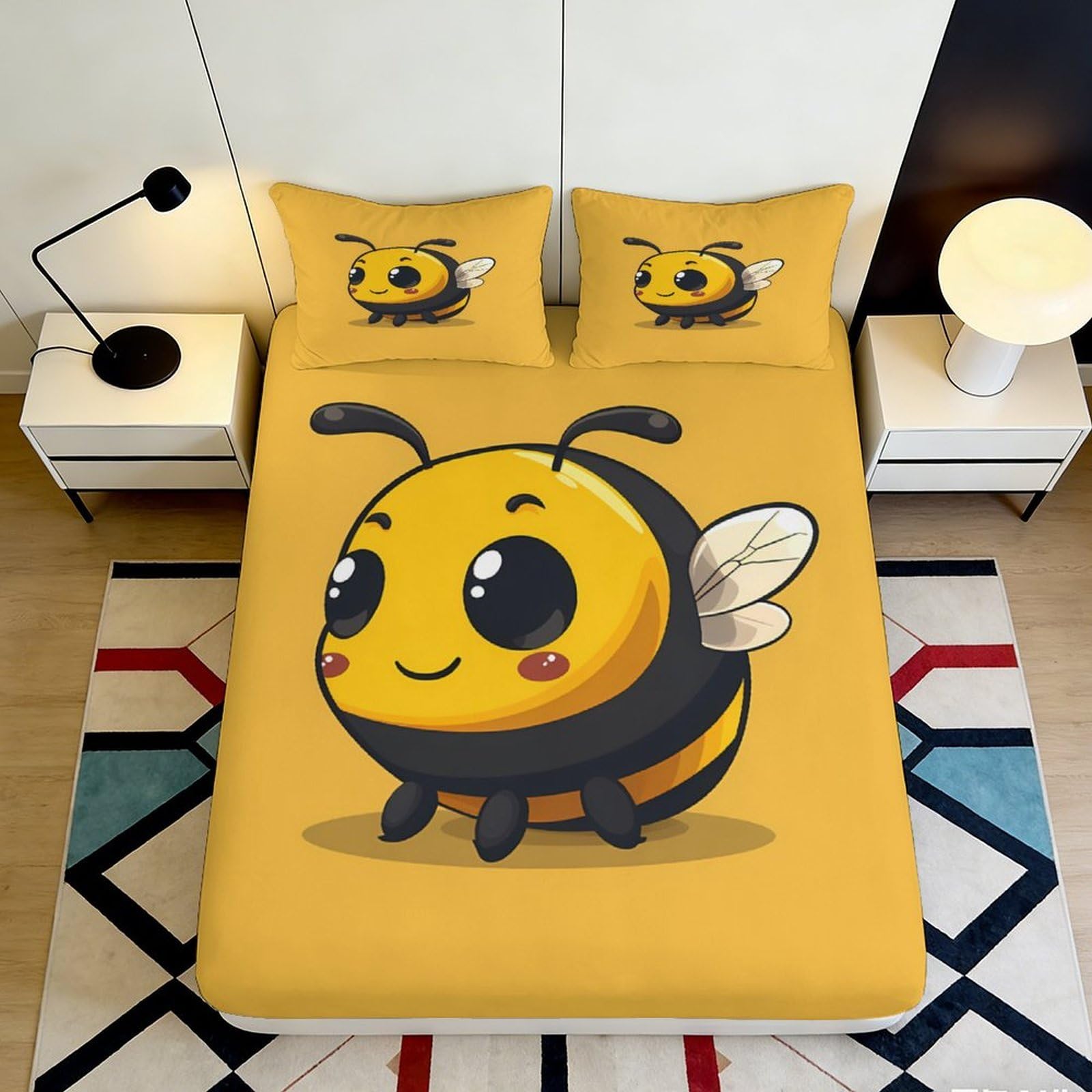 Pnayamiorkfel Style-8 3D Printed Cute Bee Fitted Sheet Microfiber Soft Yellow Cartoon Mattress Cover For Bedroom Dorm Adult Youth Mattress Decor 90X200x25cm