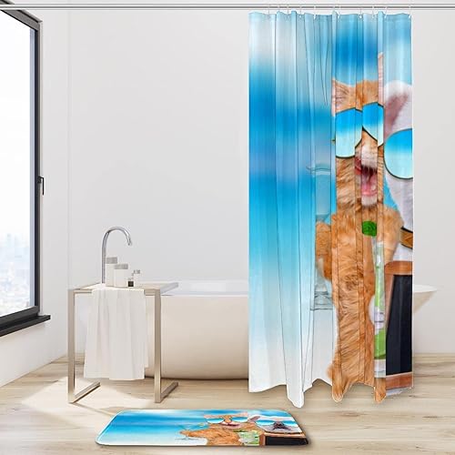 Miniatura 2 de KXO Divertido patrón de gato y perro de playa, juego de cortina de ducha impermeable y tapete de poliéster con ganchos, 70.8 x 70.8 pulgadas