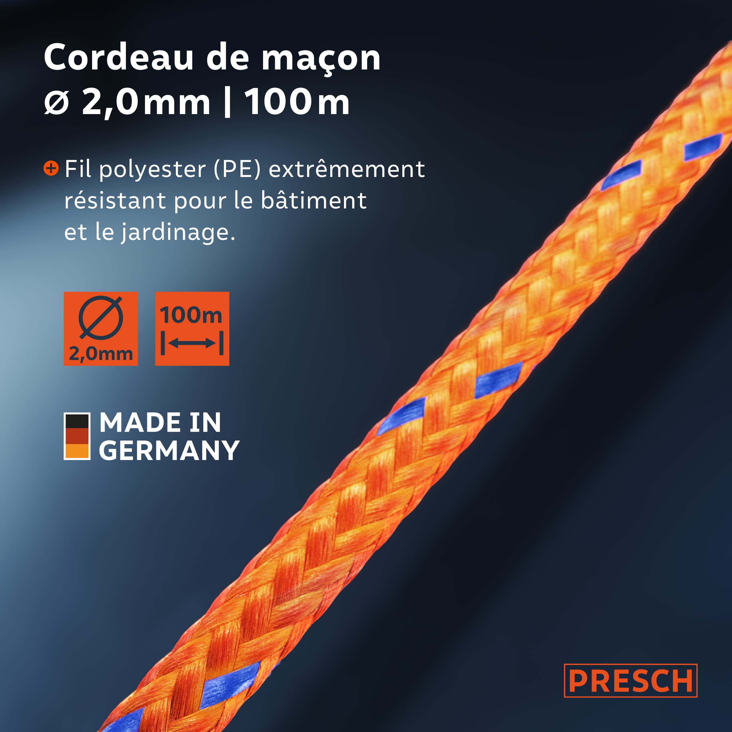 Presch Cordeau de maçon 100m | ⌀2,0mm | Polyester | Cordeau d'alignement résistant à la déchirure et aux intempéries avec Bobine | Cordeau de Construction résistant aux Noeuds
