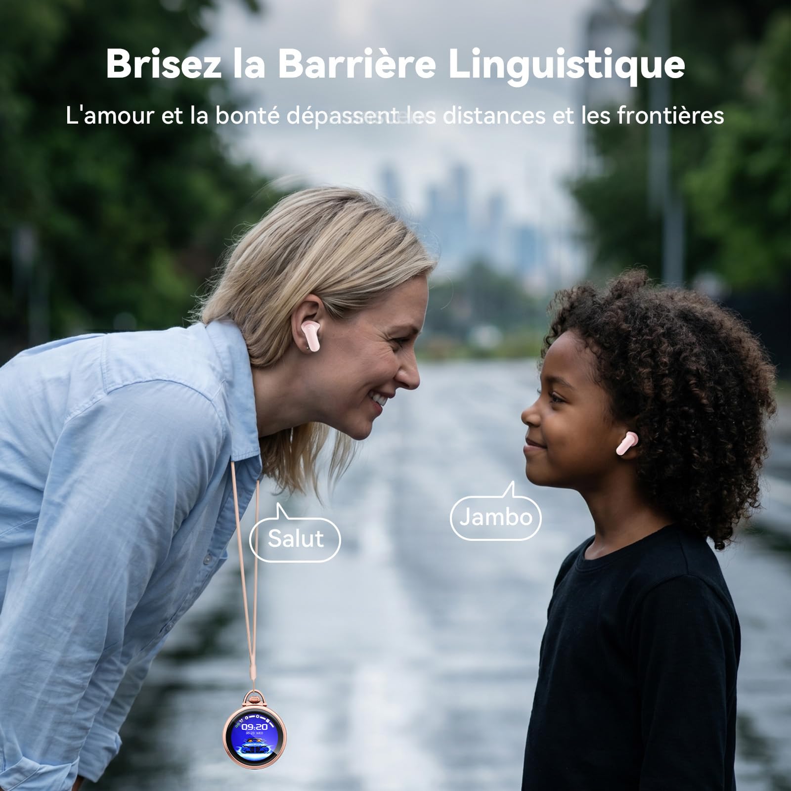 NE71 Ecouteur Traducteur Instantané, AI Écouteur Traducteur avec 165 Langues, 9 Modes de Traductio,Ecouteur Bluetooth 6.0Casque pour Voyage, Réunion, Étude (Rose)