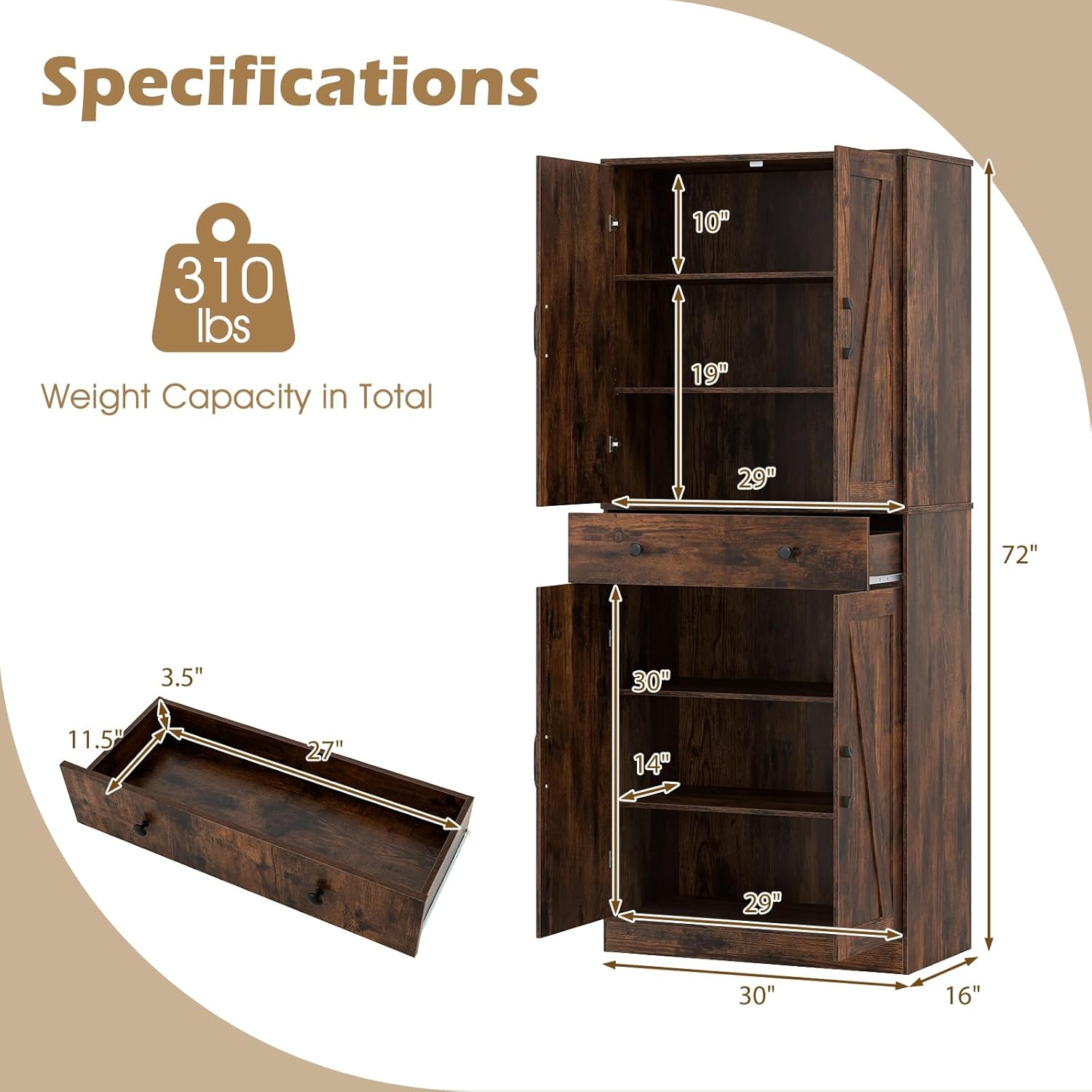 Giantex 72" Tall Kitchen Pantry Cabinet, Modern Farmhouse Pantry Storage Cabinet with 4 Barn Doors, Adjustable Shelves & Drawer, Buffet Cupboard with Living Room, Dining Room, Bathroom, Rustic Brown